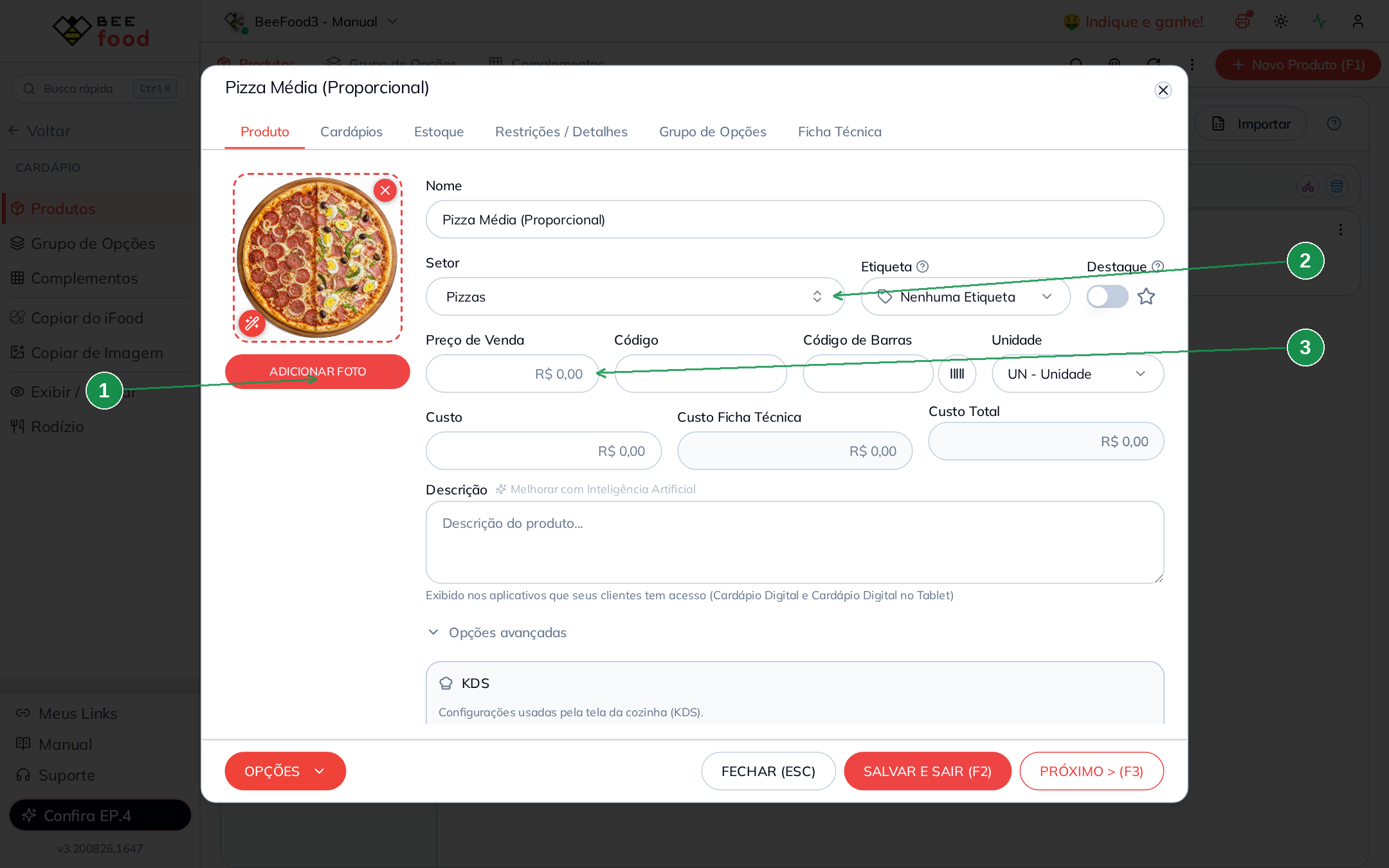 Cadastro da pizza com preço base R$ 0,00
