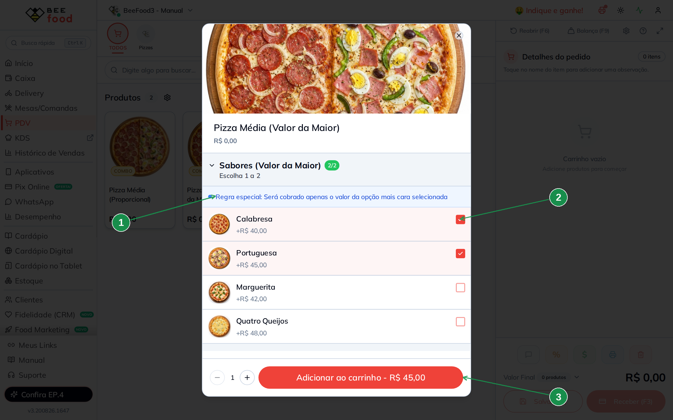 PDV com pizza meio a meio no modelo Valor da Maior