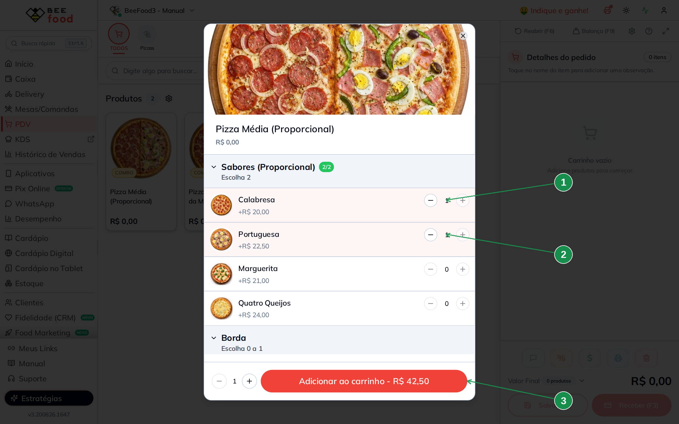 PDV com pizza meio a meio no modelo Proporcional