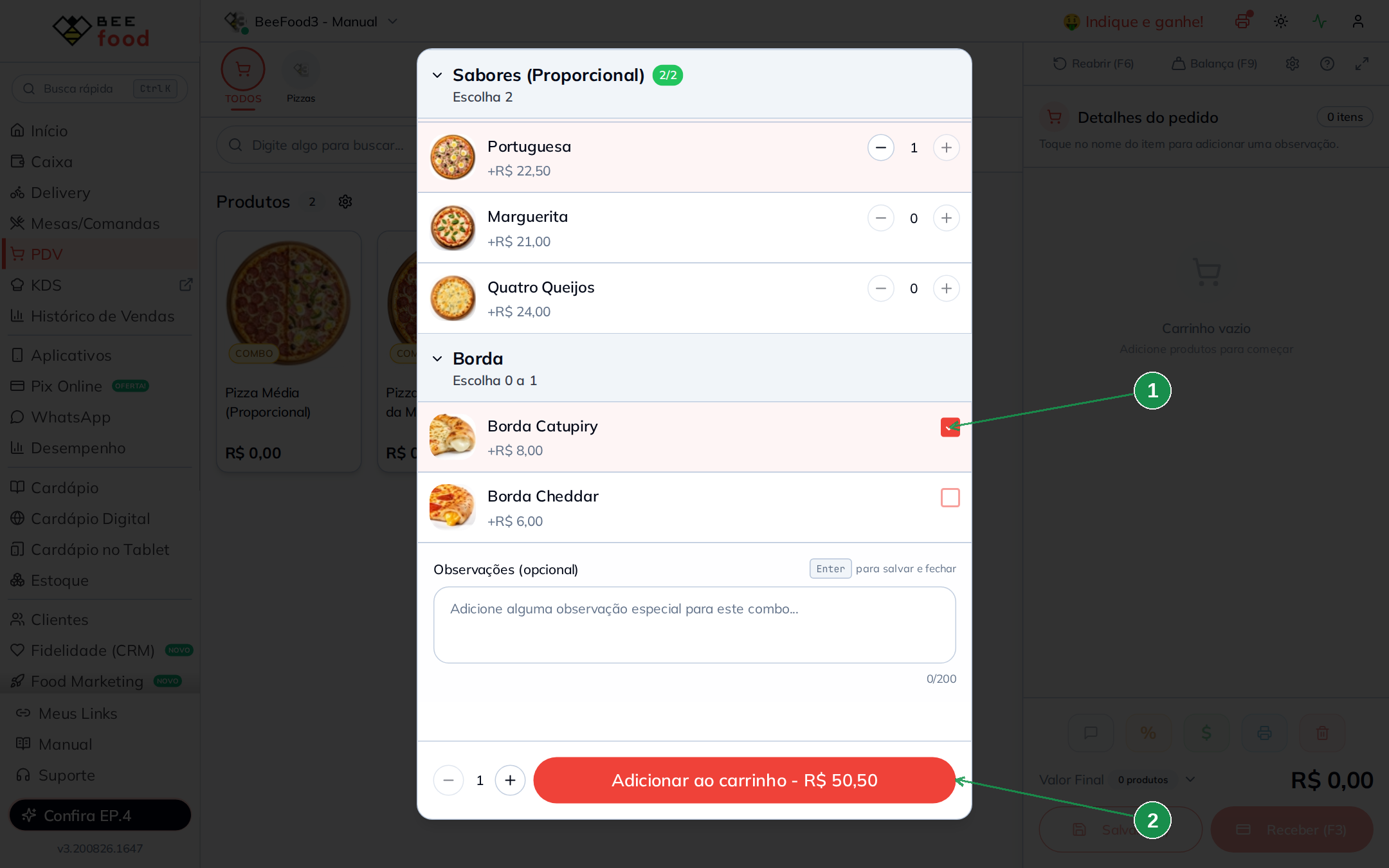 PDV com borda somando ao total da pizza