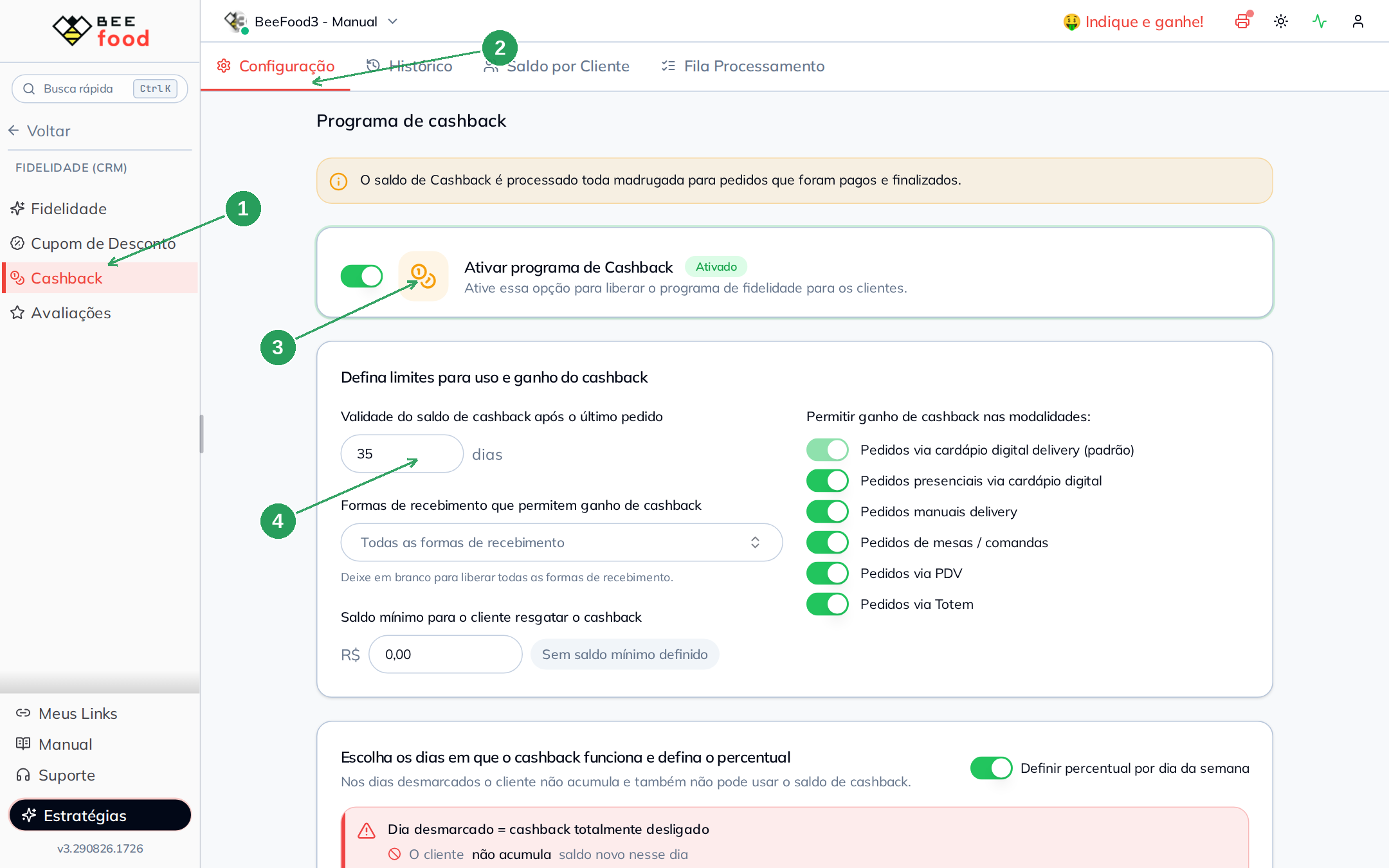 Tela de configuração do cashback com o menu CRM, a aba Configuração, o ativador do programa e a validade do saldo