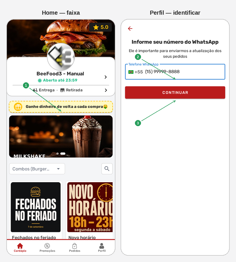 Cardápio digital mostrando a faixa de cashback, o telefone de teste e o botão Continuar