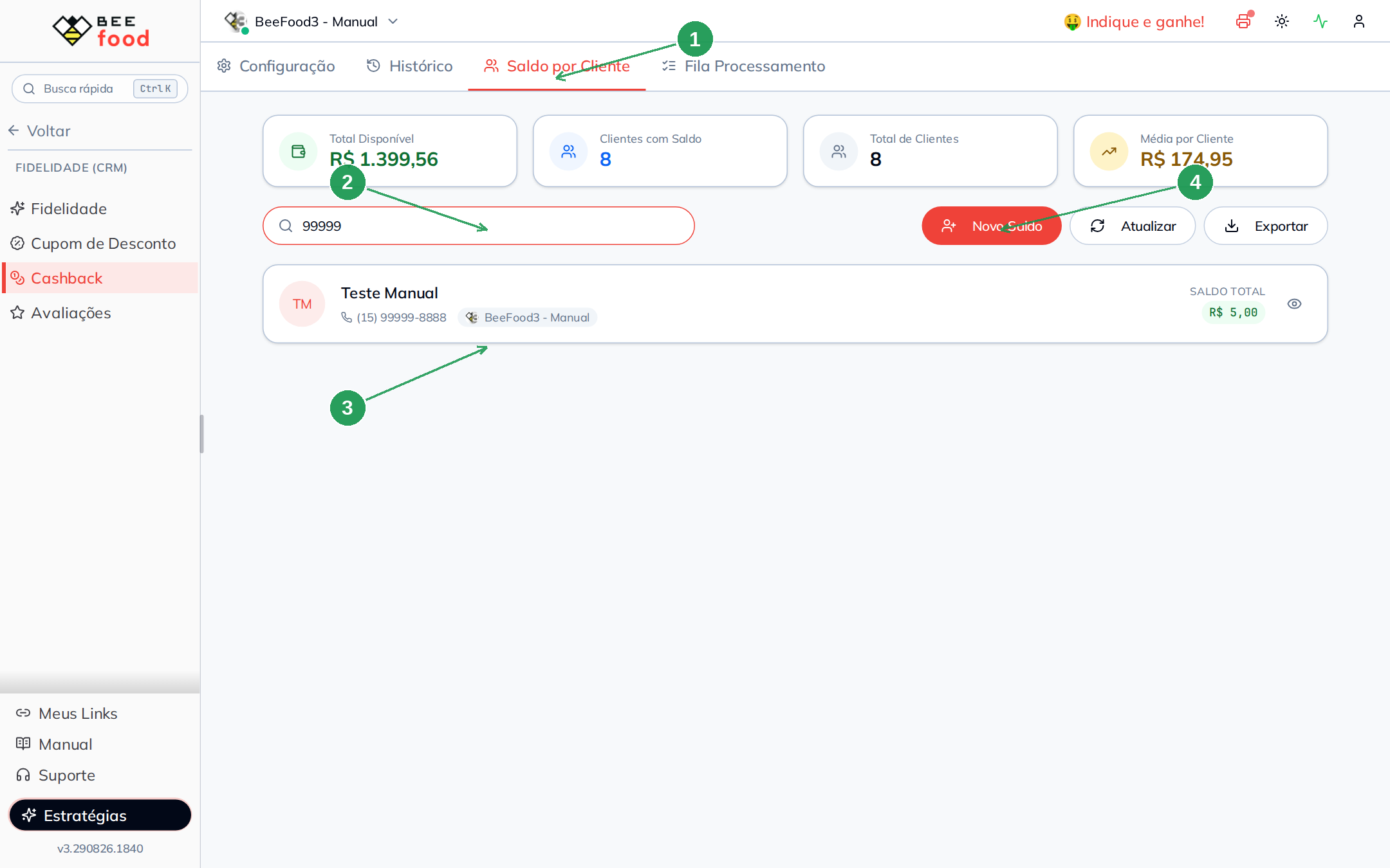 Lista de saldo por cliente filtrada pelo telefone de teste
