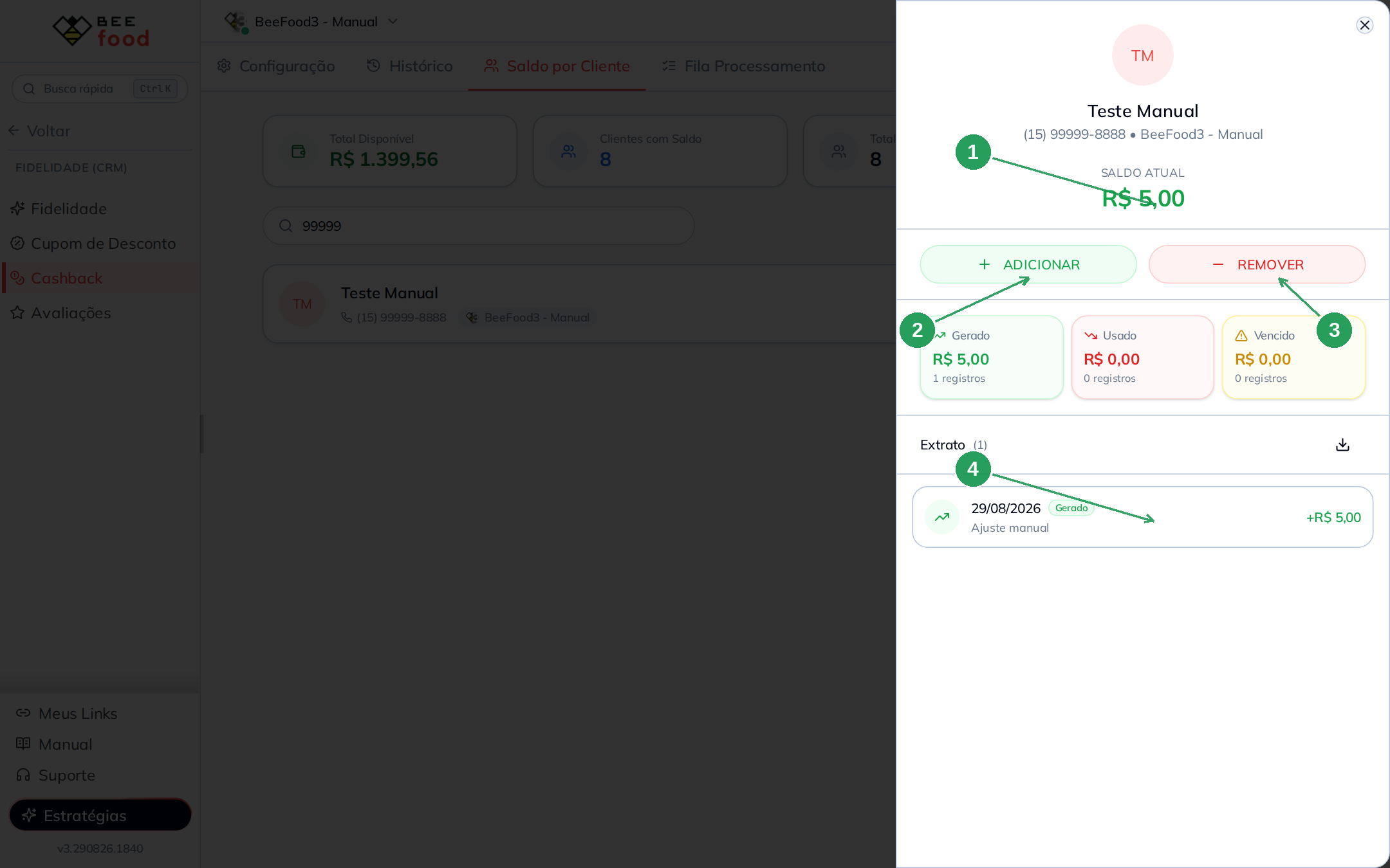 Detalhe do cliente com extrato e botões Adicionar e Remover