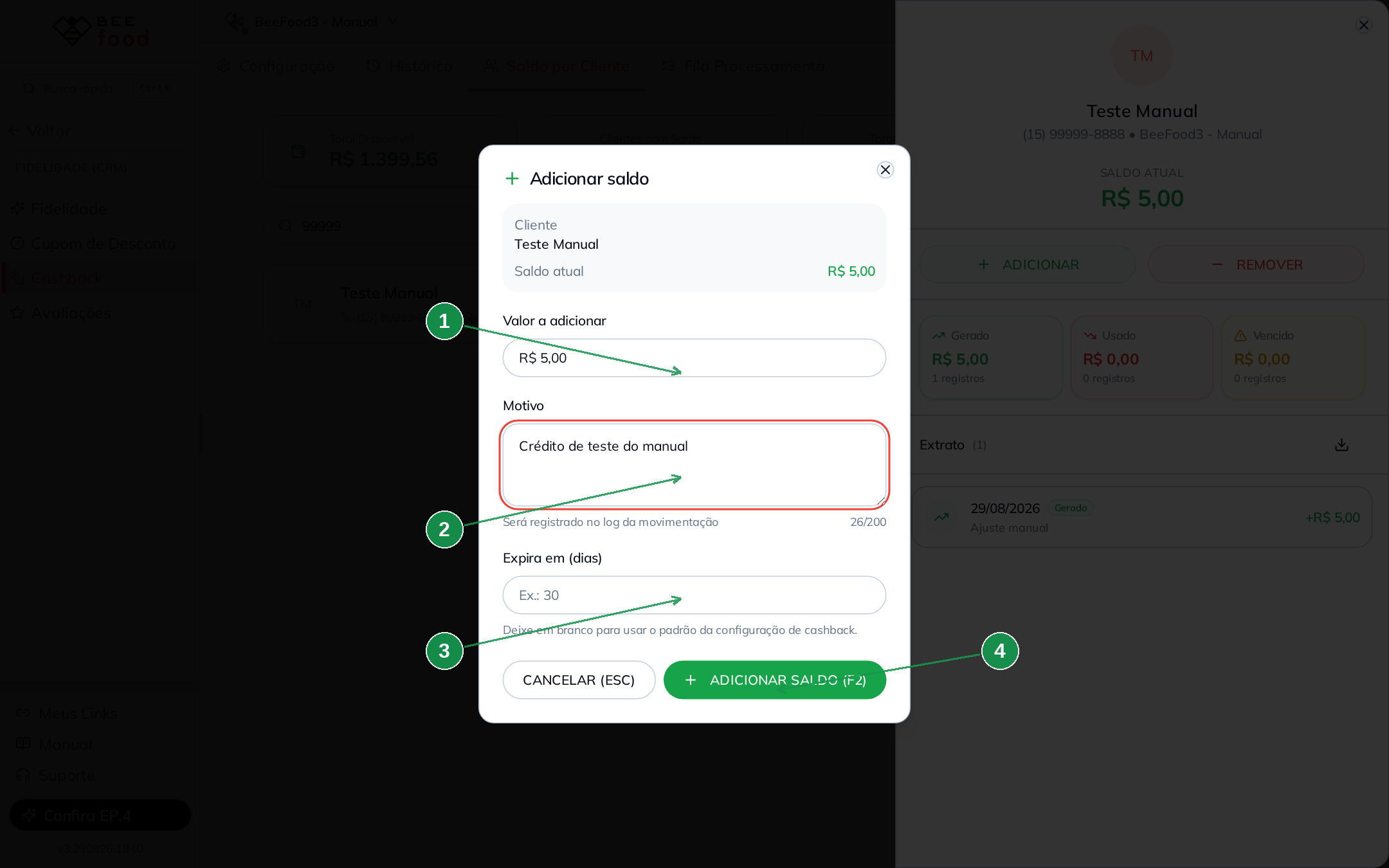 Modal Adicionar saldo com valor e motivo preenchidos