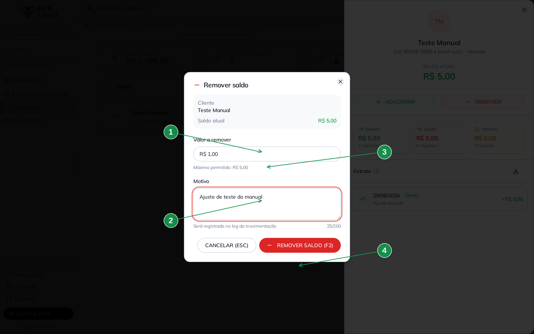 Modal Remover saldo com valor e motivo preenchidos