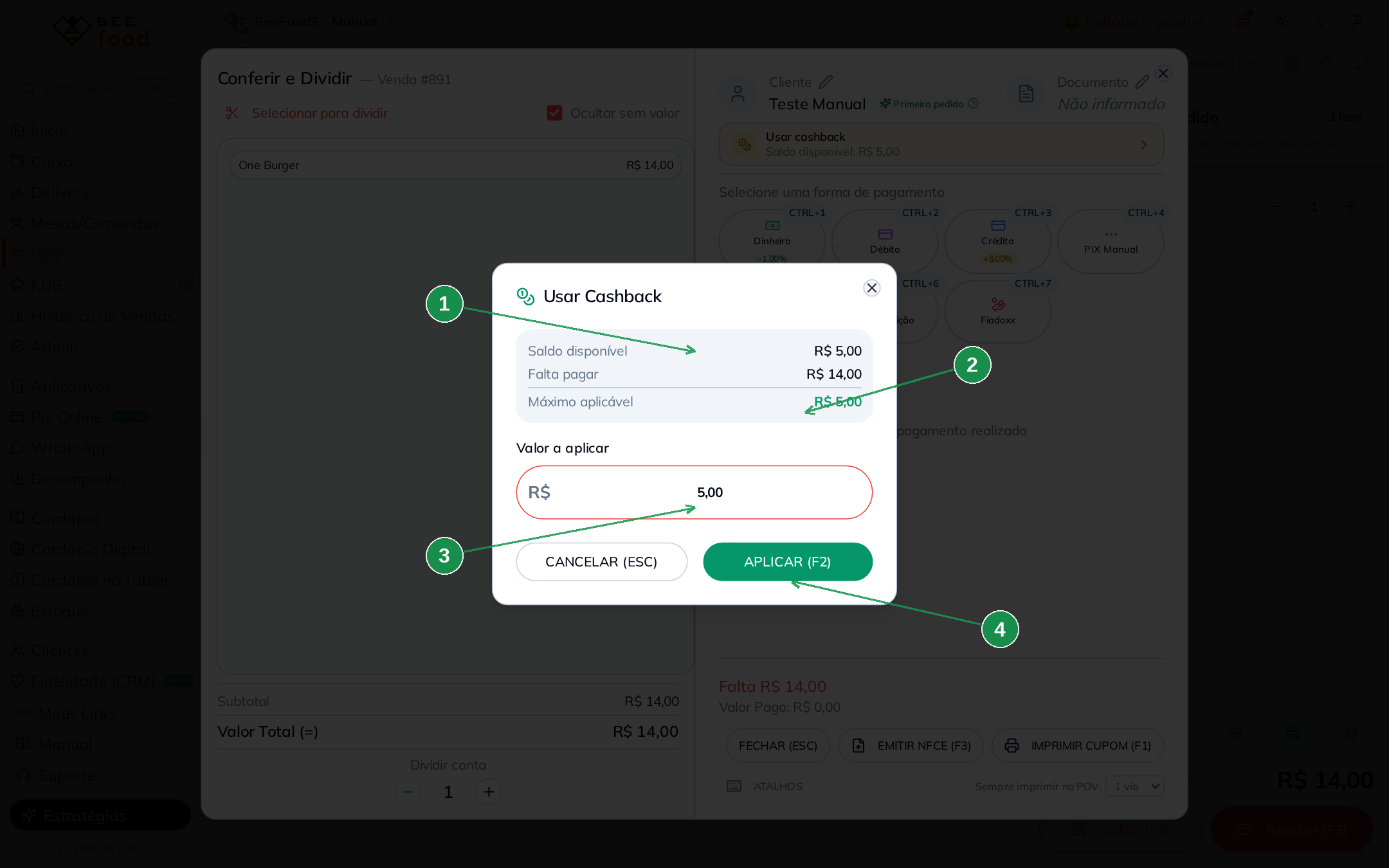 Modal Usar Cashback com saldo disponível e valor a aplicar