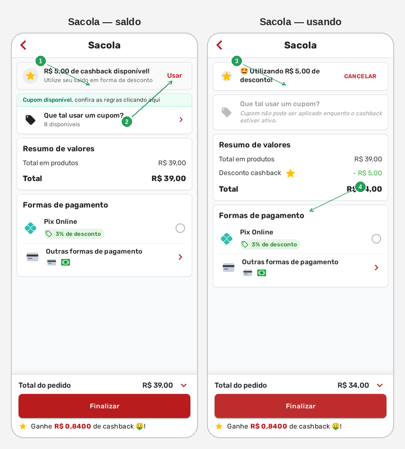 Checkout do cardápio digital mostrando saldo e uso de cashback