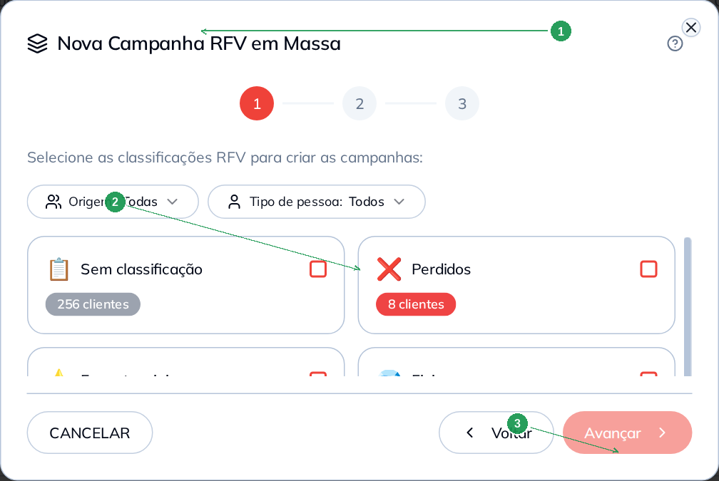 Nova Campanha RFV em Massa com os cards de cada classificação