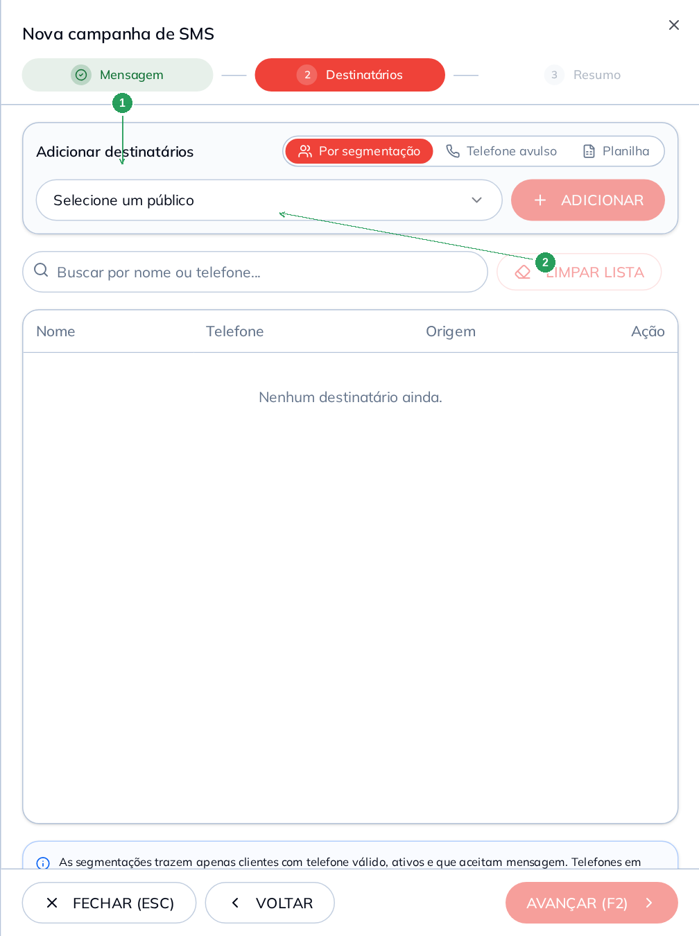SMS: destinatários por segmentação com seleção de público