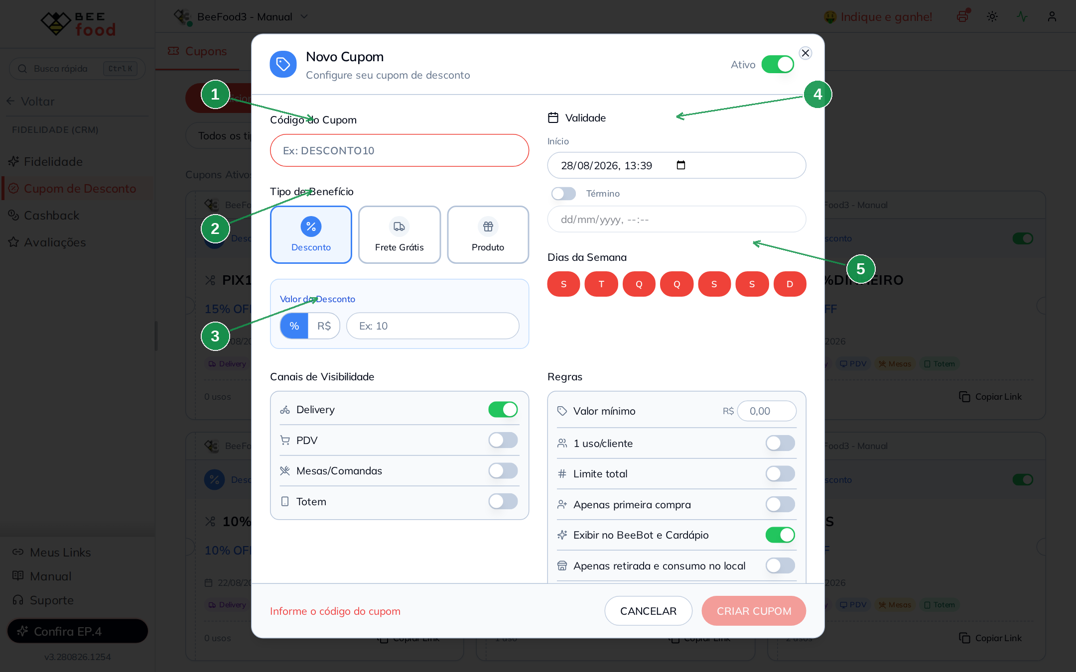 Modal Novo Cupom com código, tipo de benefício e validade