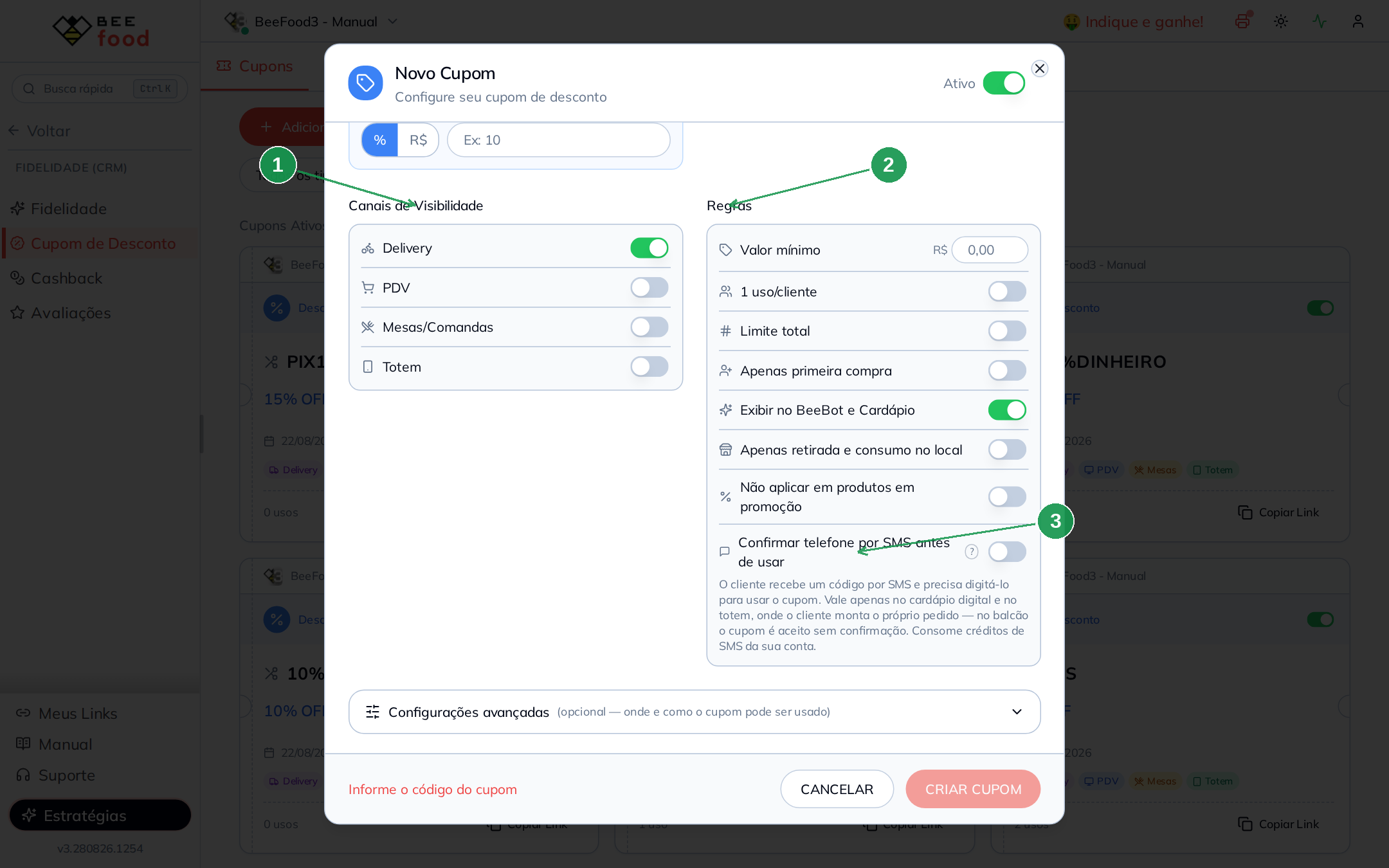 Modal Novo Cupom com canais de visibilidade e regras