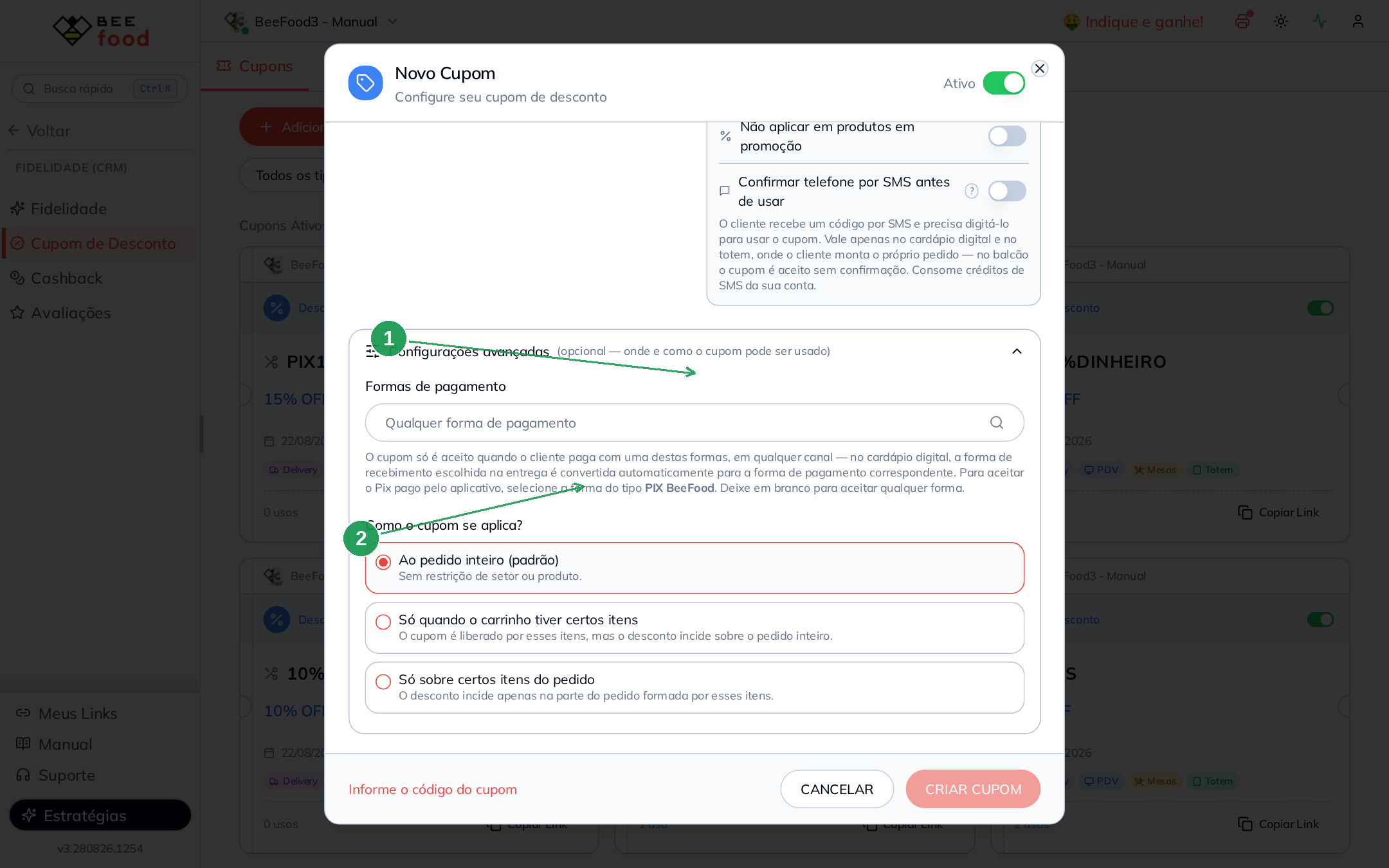 Modal Novo Cupom com configurações avançadas
