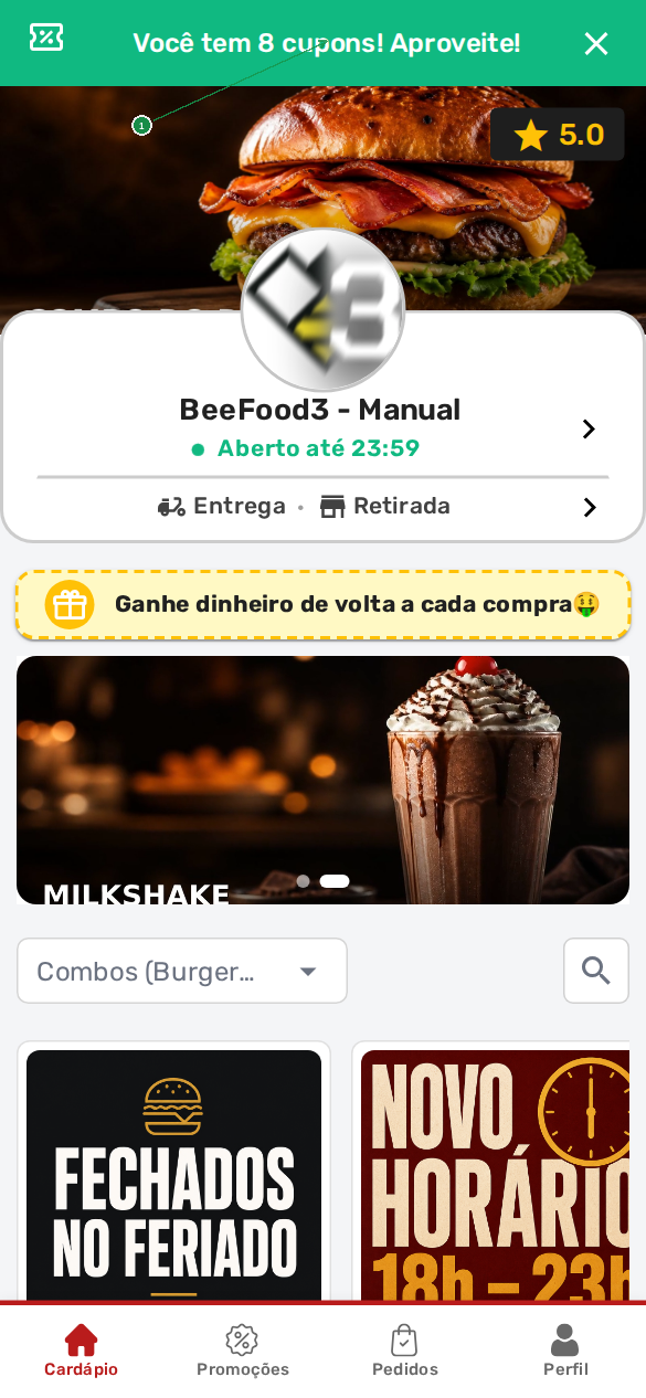 Faixa verde de cupons no topo do cardápio digital