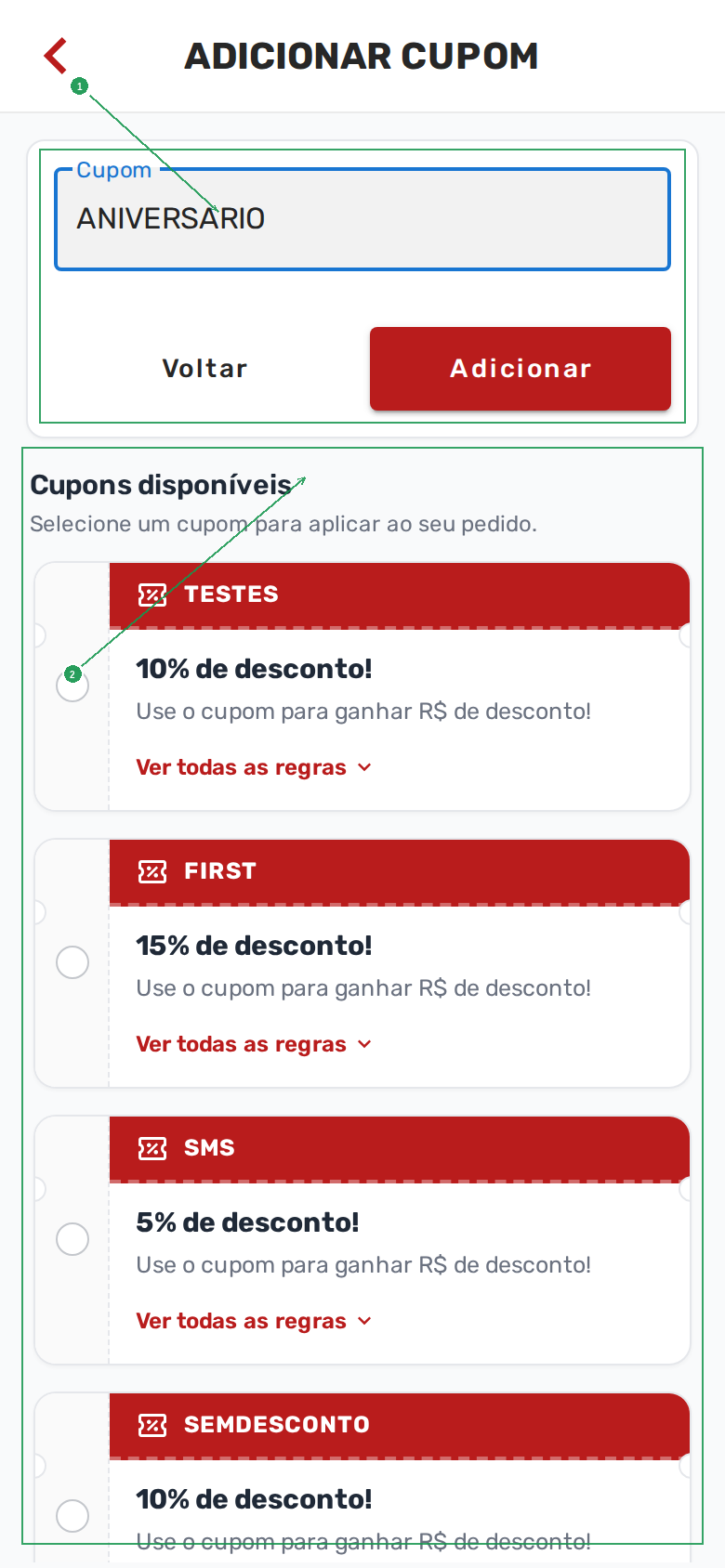 Tela de adicionar cupom com código e lista de cupons disponíveis