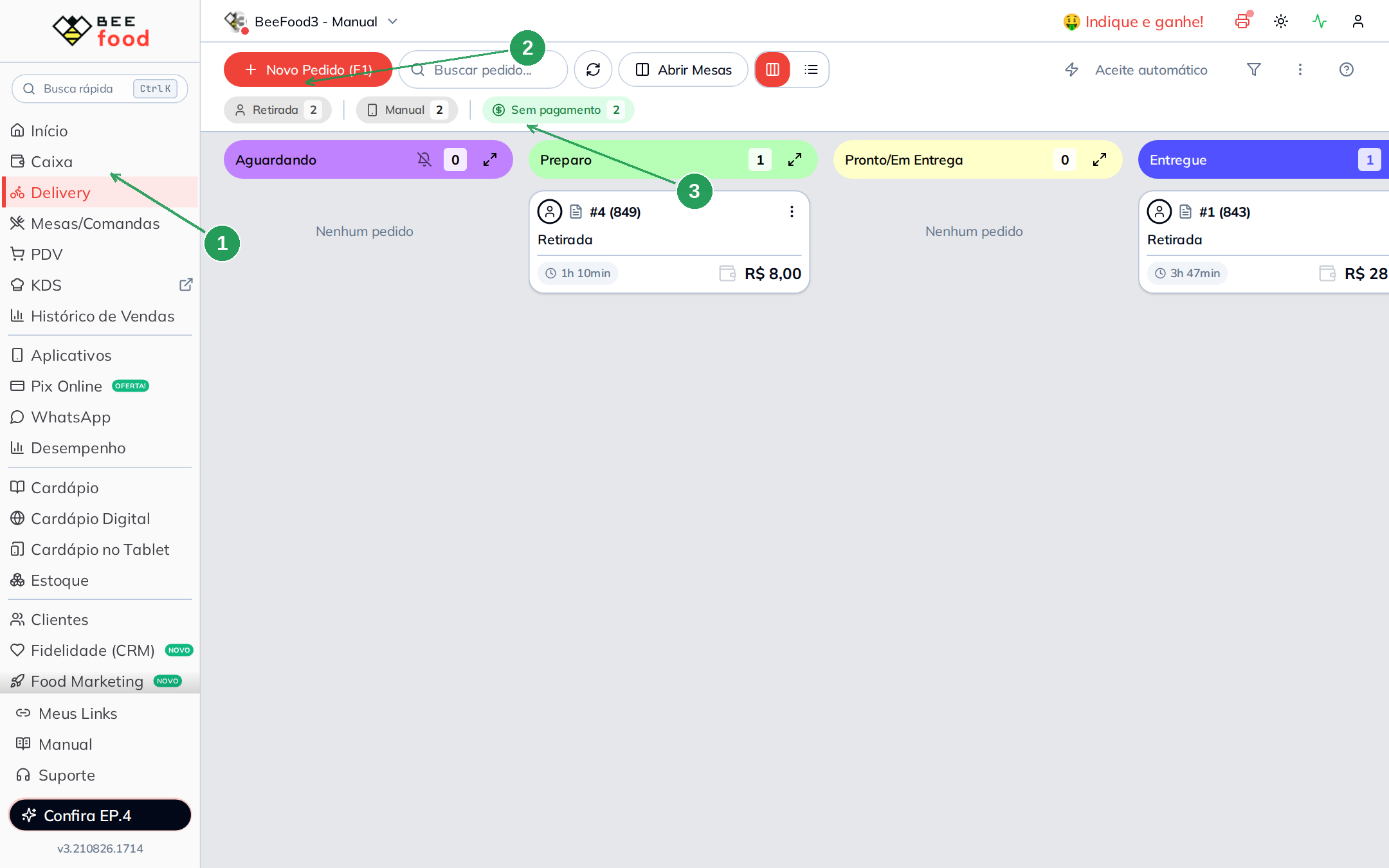 Kanban de pedidos delivery com status Aguardando, Preparo e Pronto