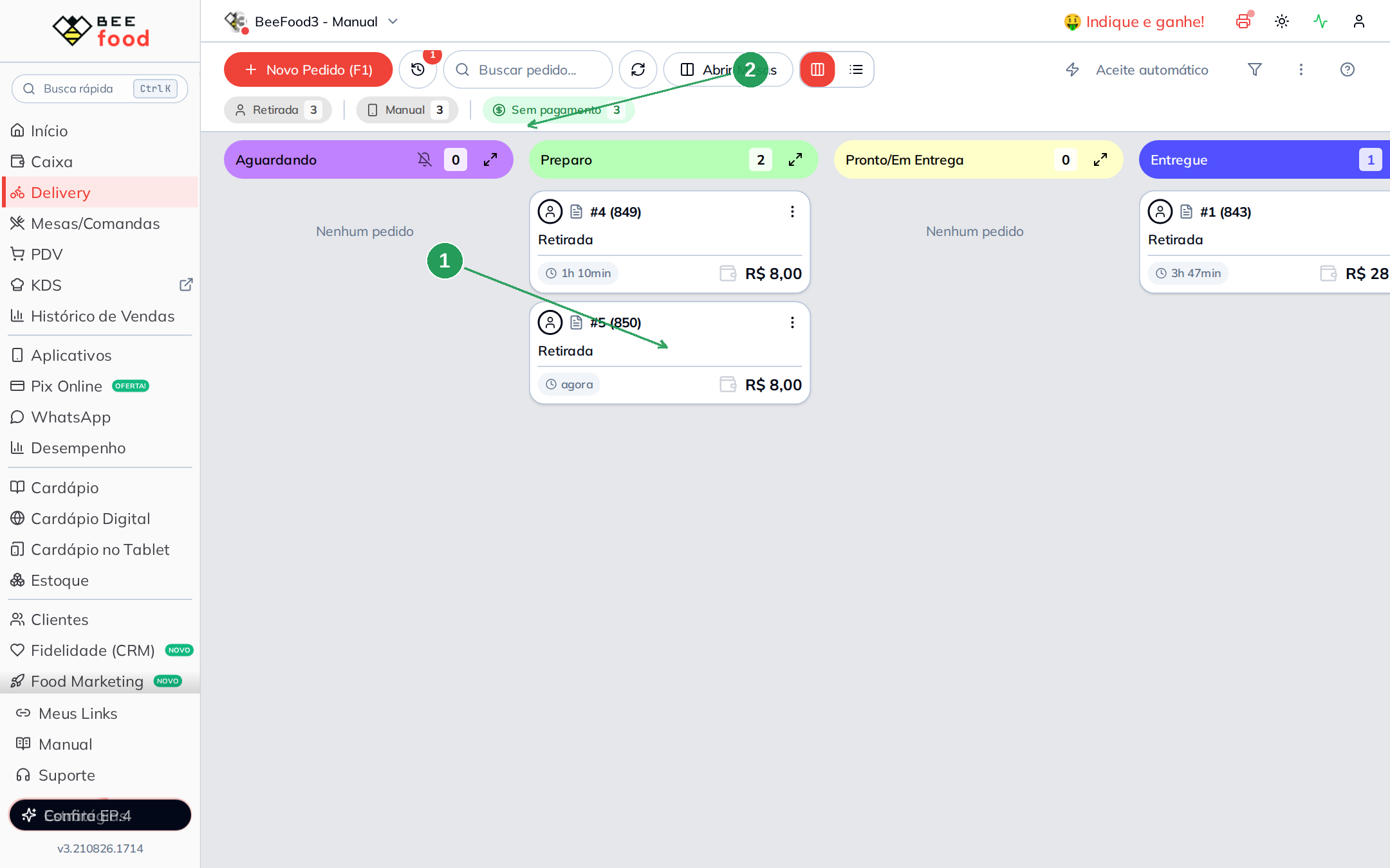 Pedido no status Preparo no kanban