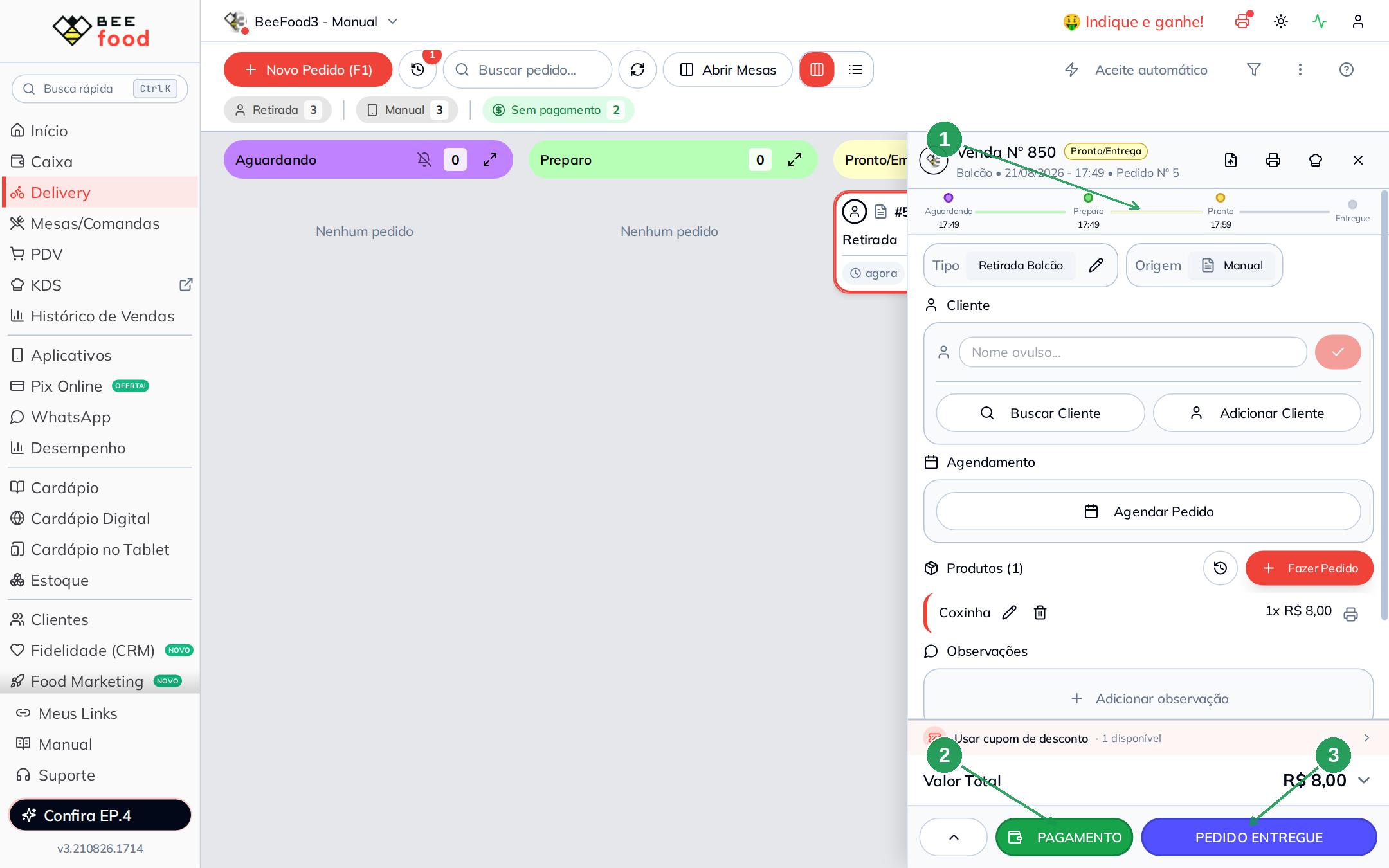 Pedido no status Pronto no kanban