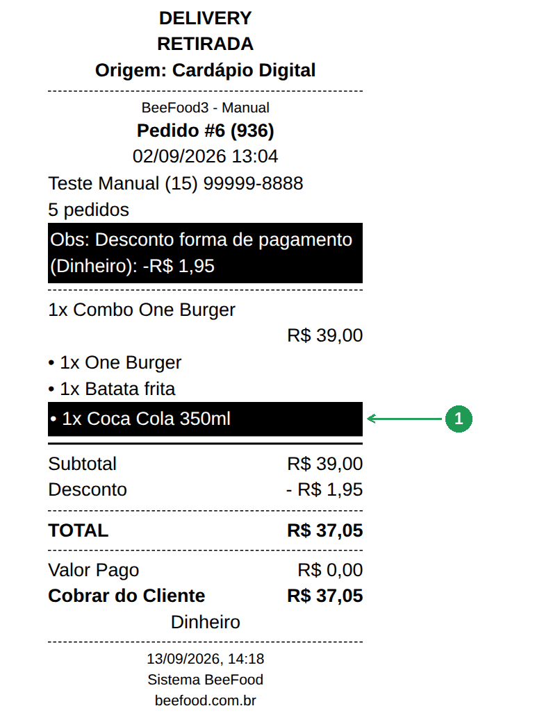Cupom Pedido de um pedido do delivery com bebida destacada