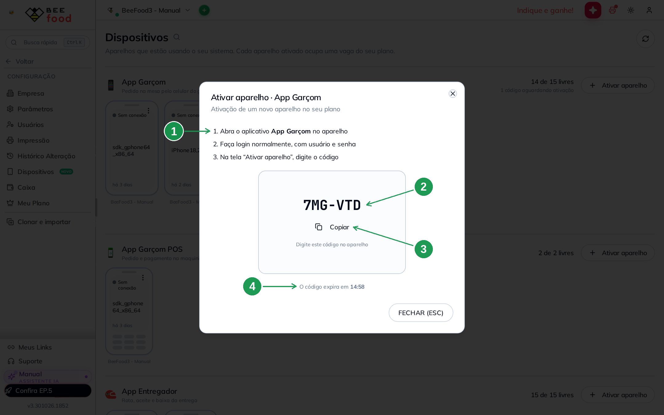 Modal de ativação do App Garçom com código e contagem