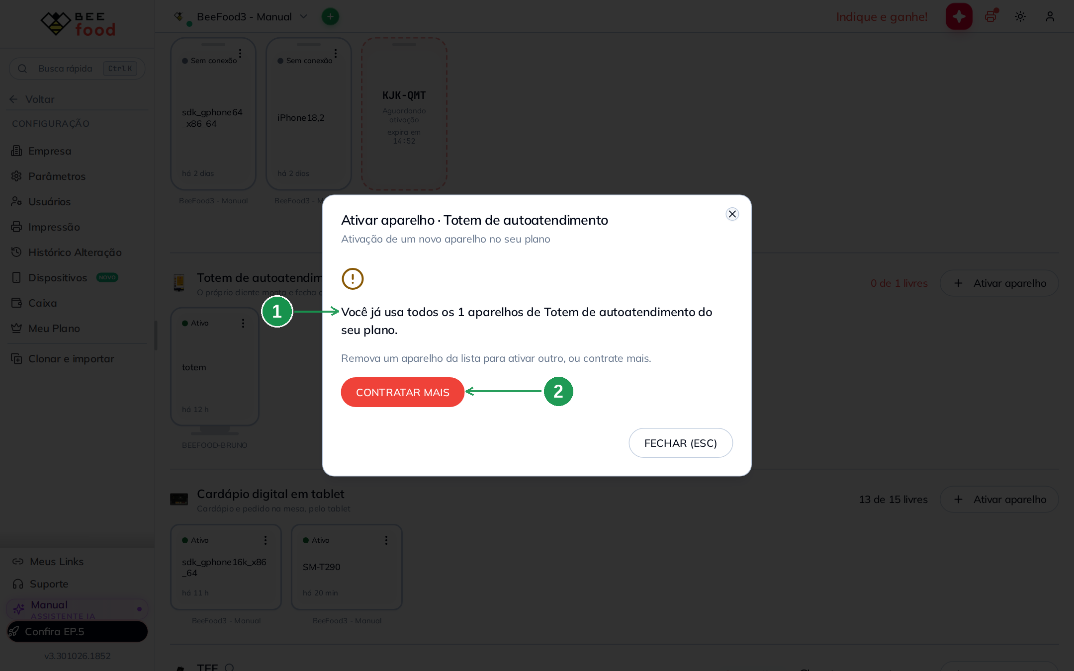 Modal informando limite de vagas do Totem