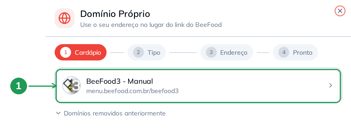 Passo 1: escolher o cardápio que vai receber o domínio