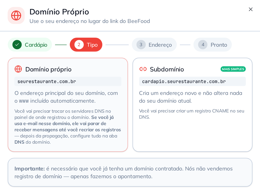 Passo 2: os dois caminhos, domínio próprio e subdomínio