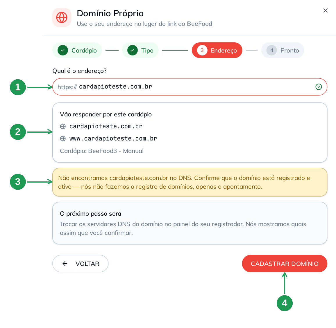 Passo 3: endereço do domínio conferido com aviso amarelo