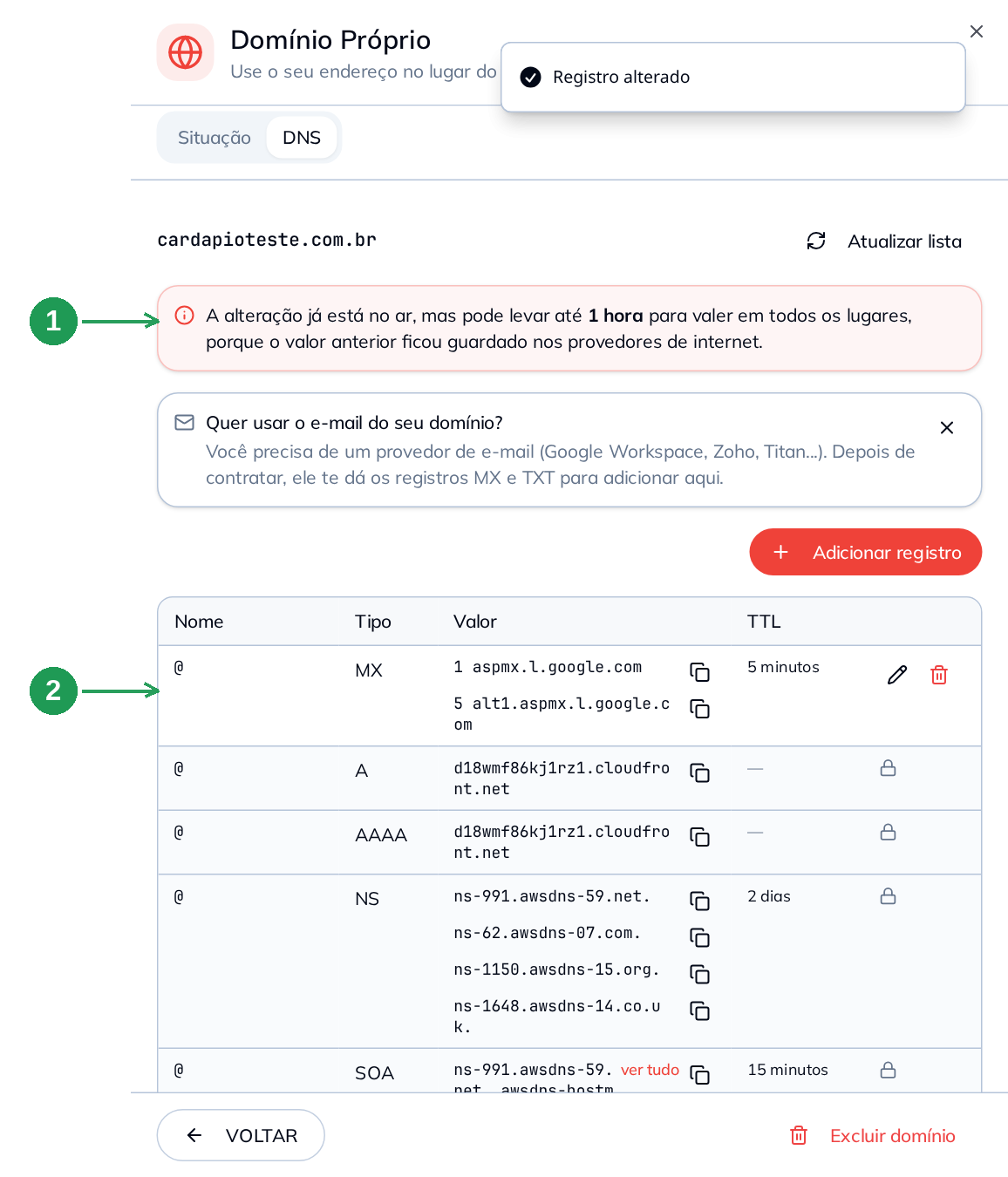 Aviso de propagação depois de alterar um registro DNS