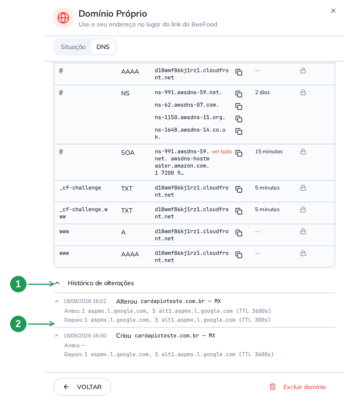 Histórico de alterações da zona DNS com Antes e Depois