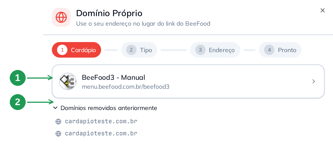 Cardápio livre depois da exclusão e lista de domínios removidos