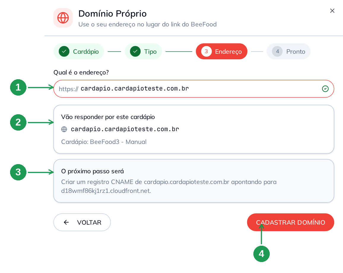 Endereço do subdomínio conferido na tela