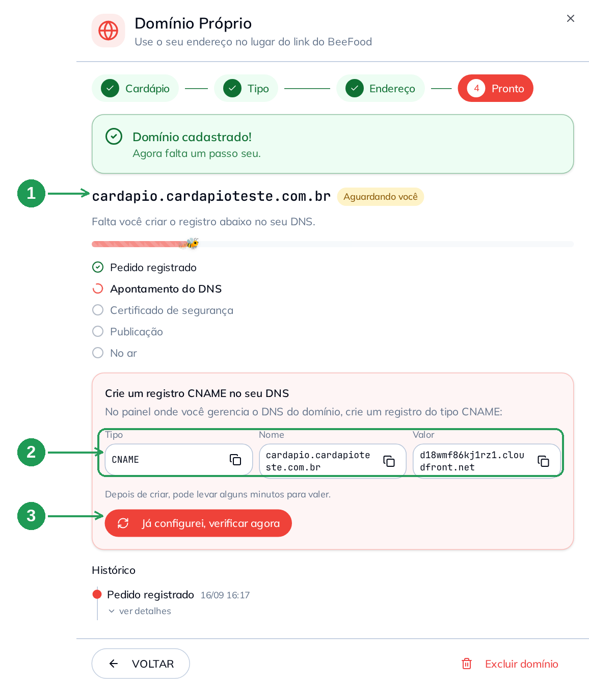 Instrução do CNAME com Tipo, Nome e Valor