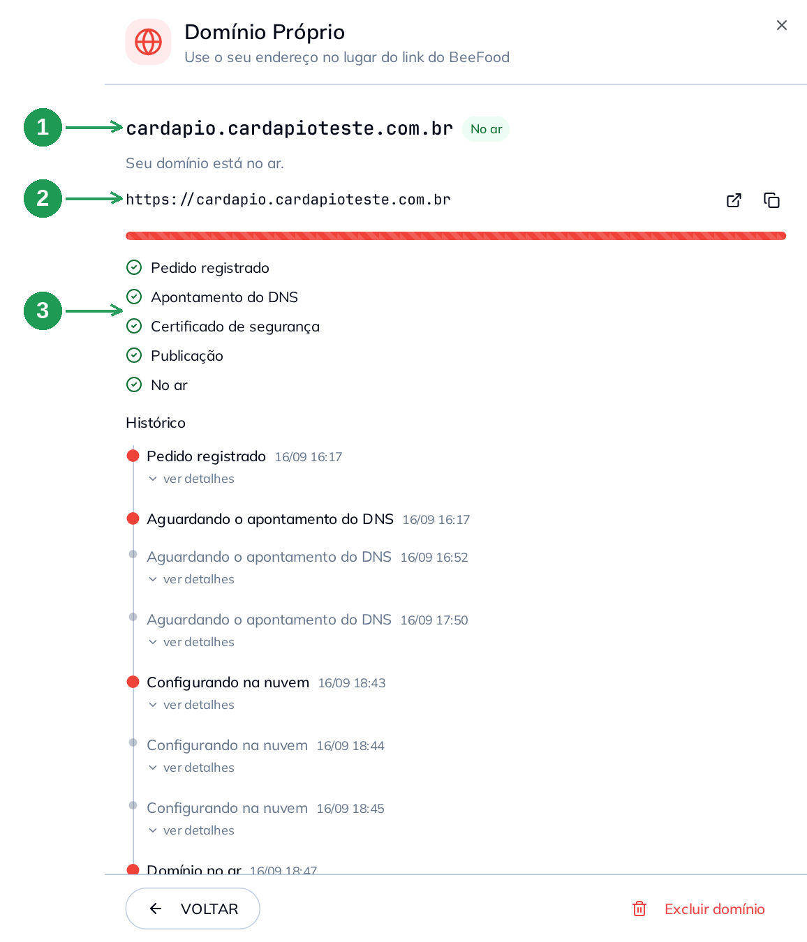 Subdomínio no ar com as etapas concluídas