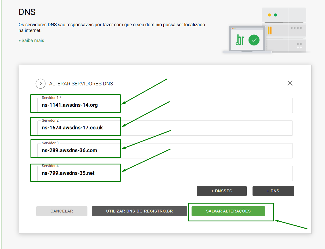 Tela do Registro.br mostrando a configuração de DNS do domínio