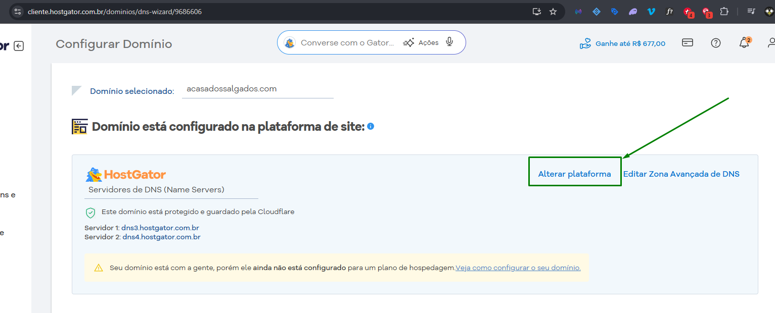 Tela da HostGator com a opção Alterar plataforma destacada