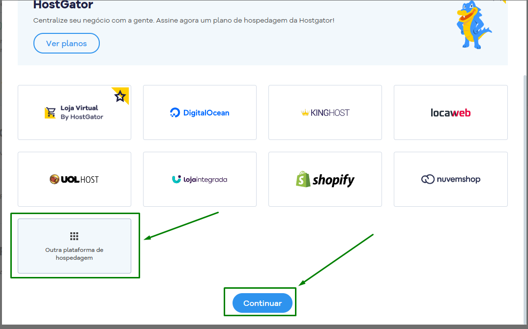 Tela da HostGator com a opção Outra Plataforma de Hospedagem