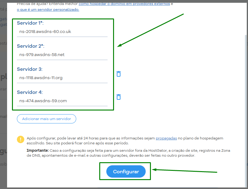 Tela da HostGator para preencher os servidores DNS