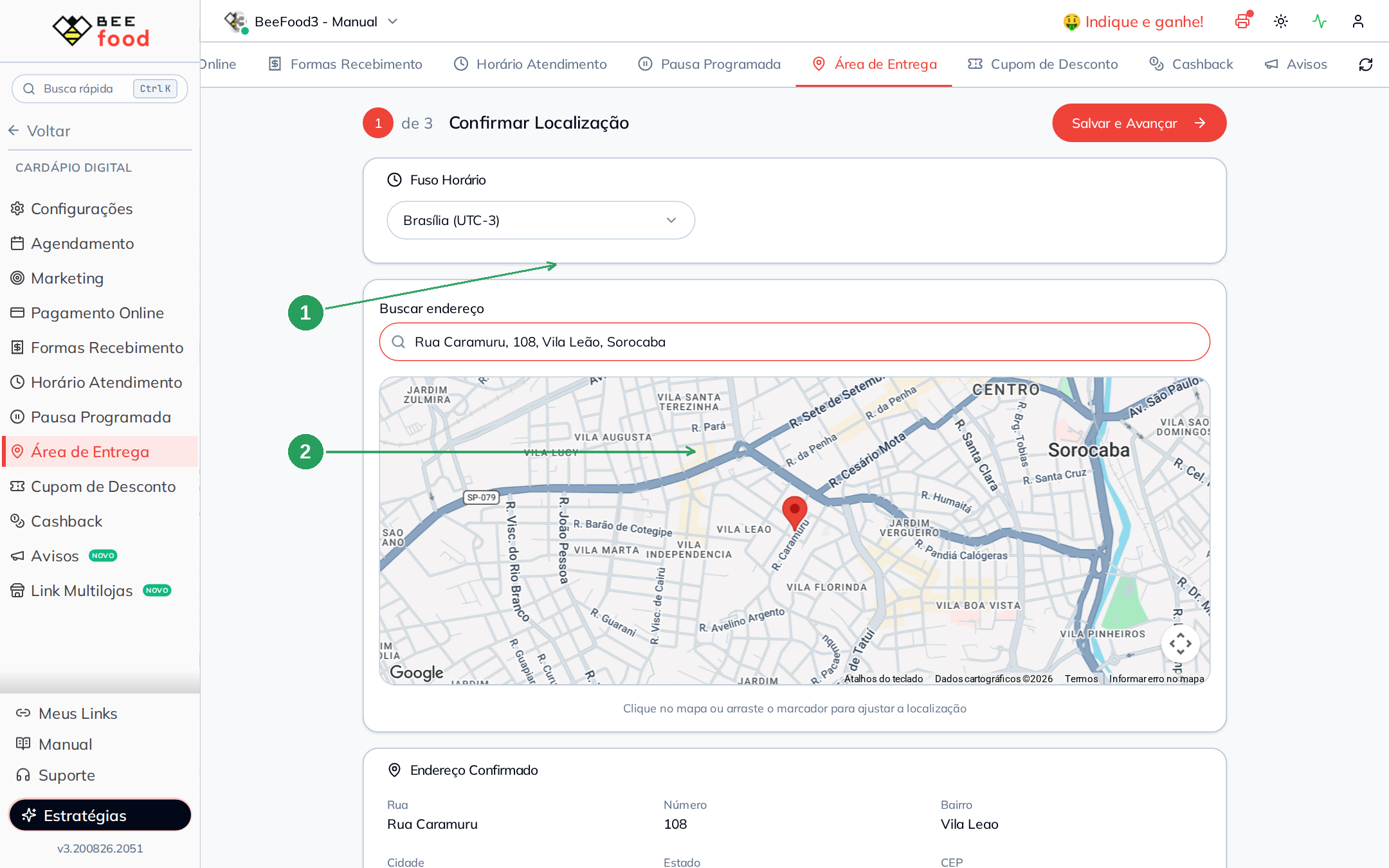 Busca de endereço com sugestões do Google Maps e pin posicionado no mapa