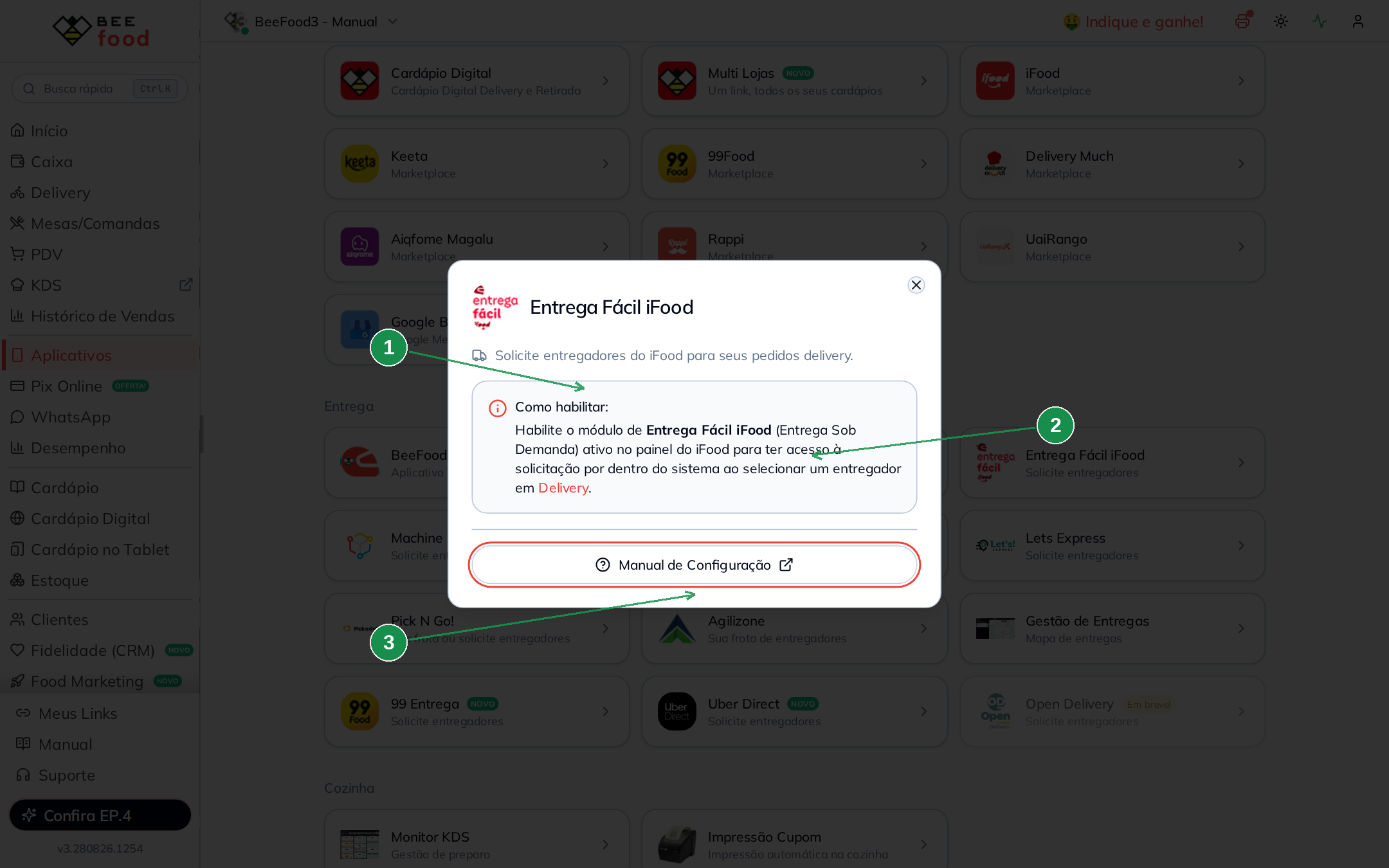 Modal Entrega Fácil iFood com as instruções para habilitar o recurso