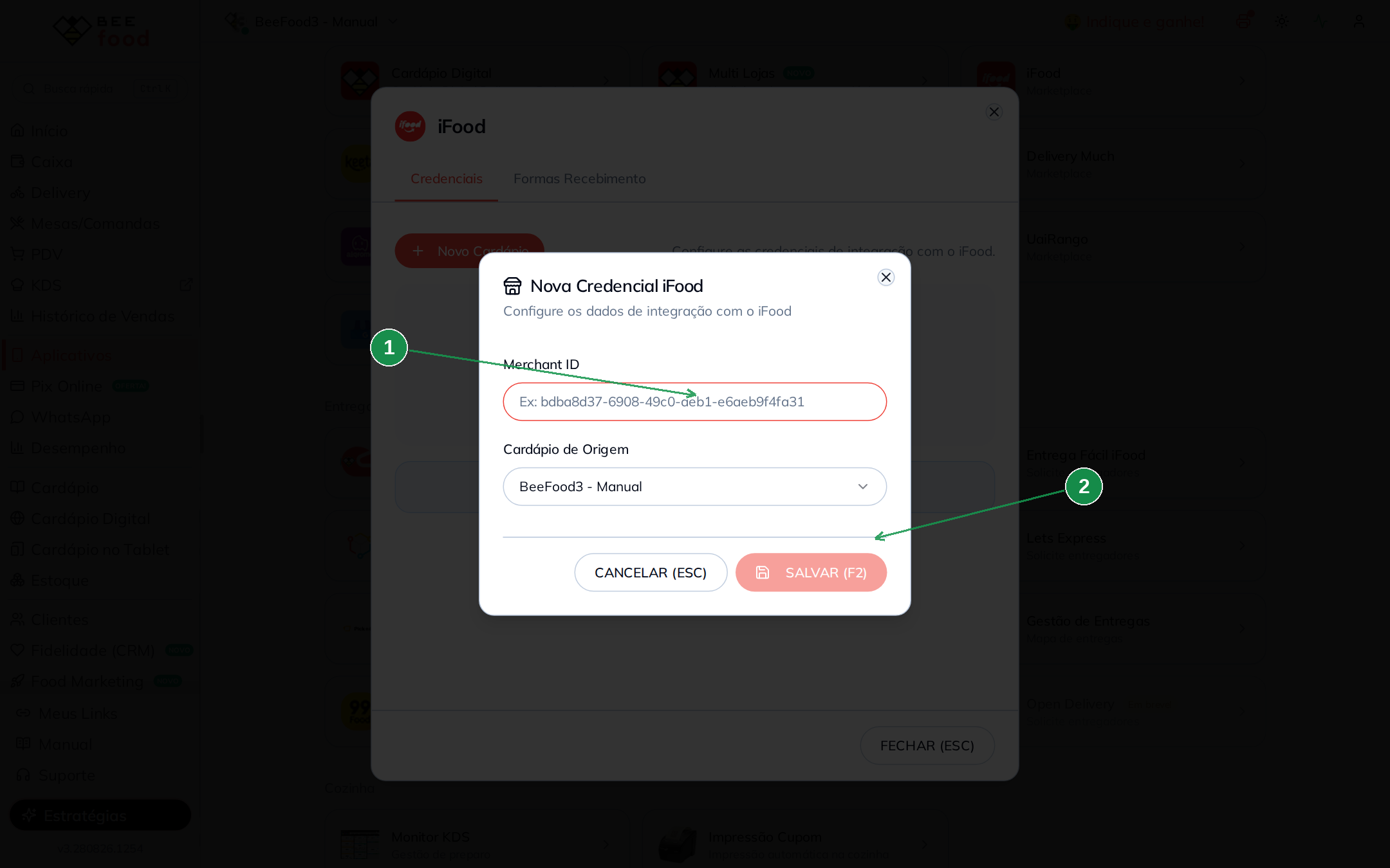 Modal Nova Credencial iFood para informar o Merchant ID