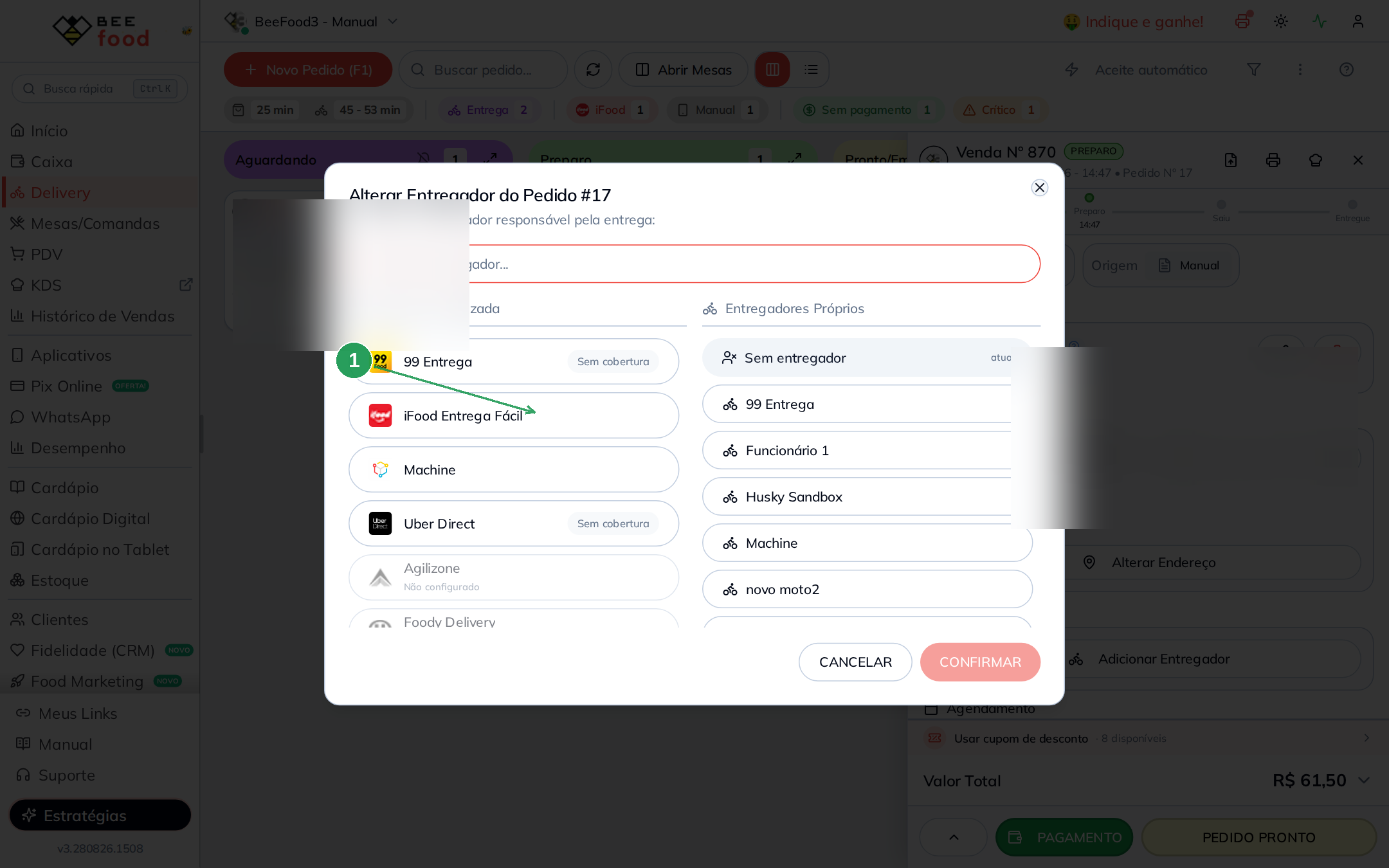 Lista de entregadores com a opção iFood Entrega Fácil