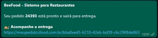 Mensagem de WhatsApp do BeeBot com o link para acompanhar a entrega