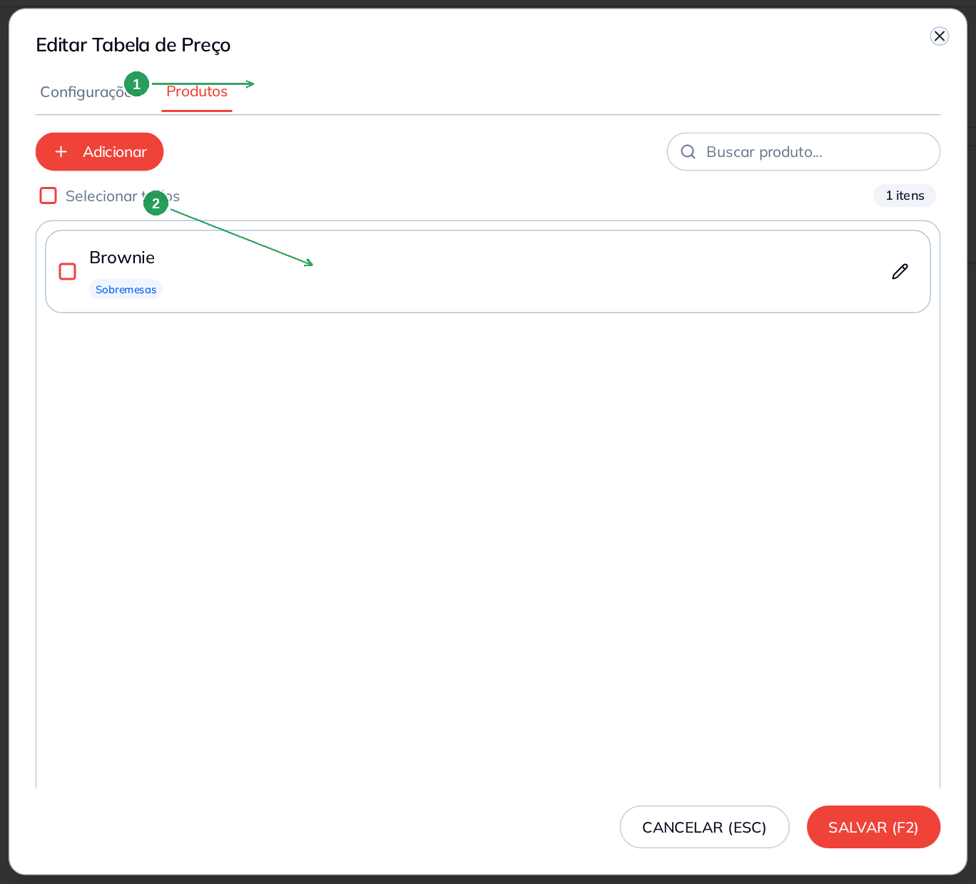 Aba Produtos do modal mostrando o Brownie adicionado à tabela