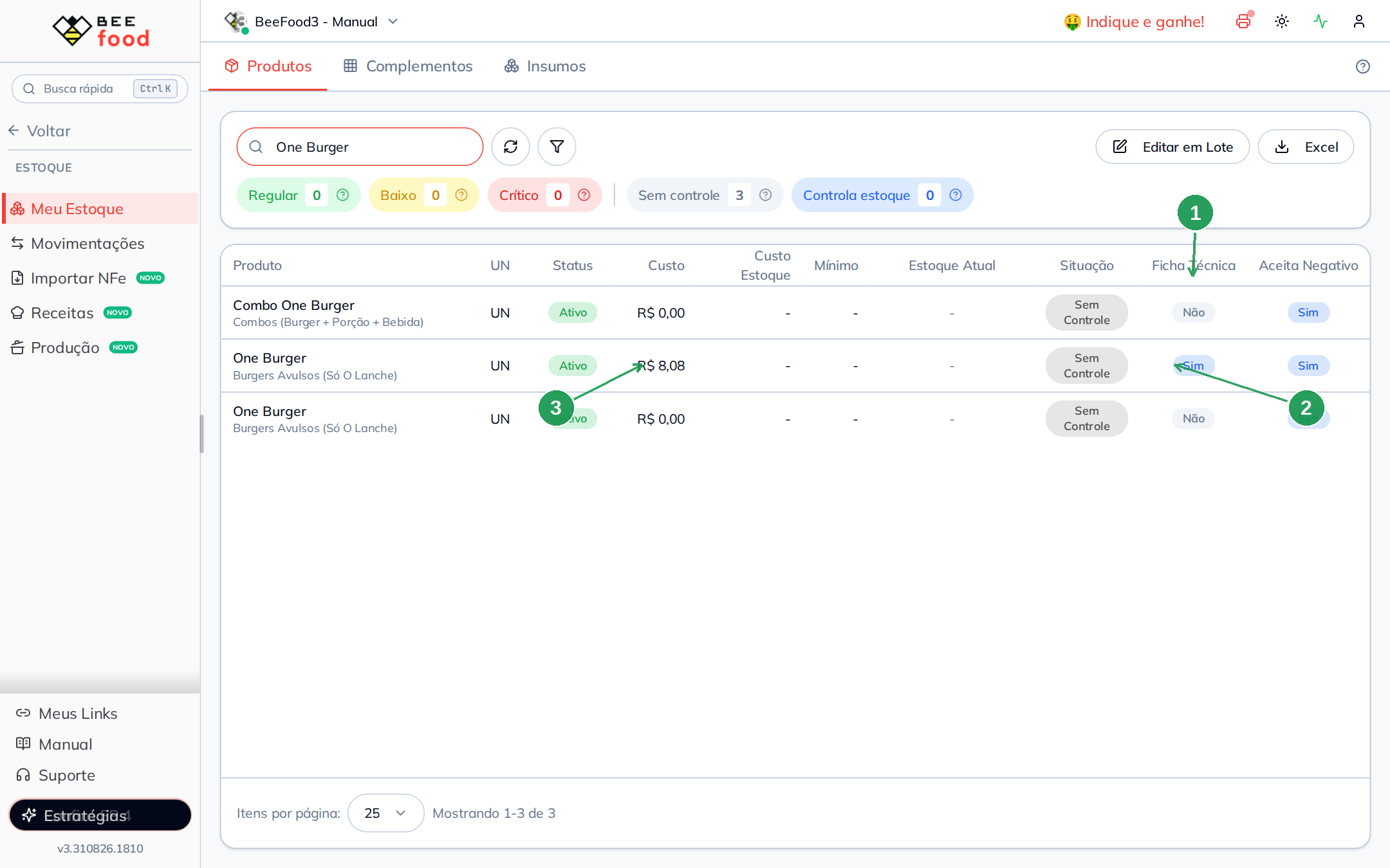 Coluna Ficha Técnica (Sim/Não) na lista do estoque