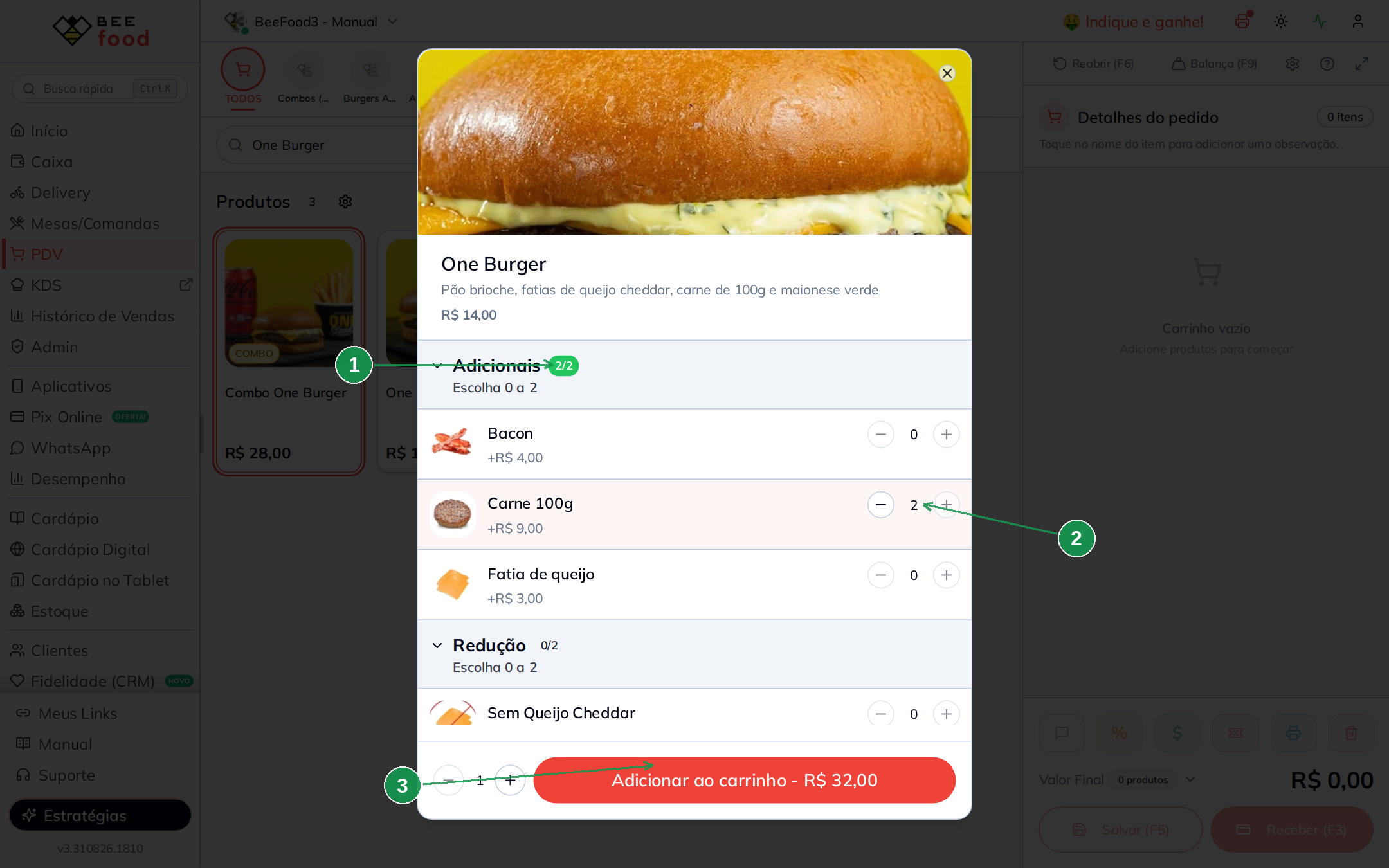 Pedido no PDV com dois adicionais de carne