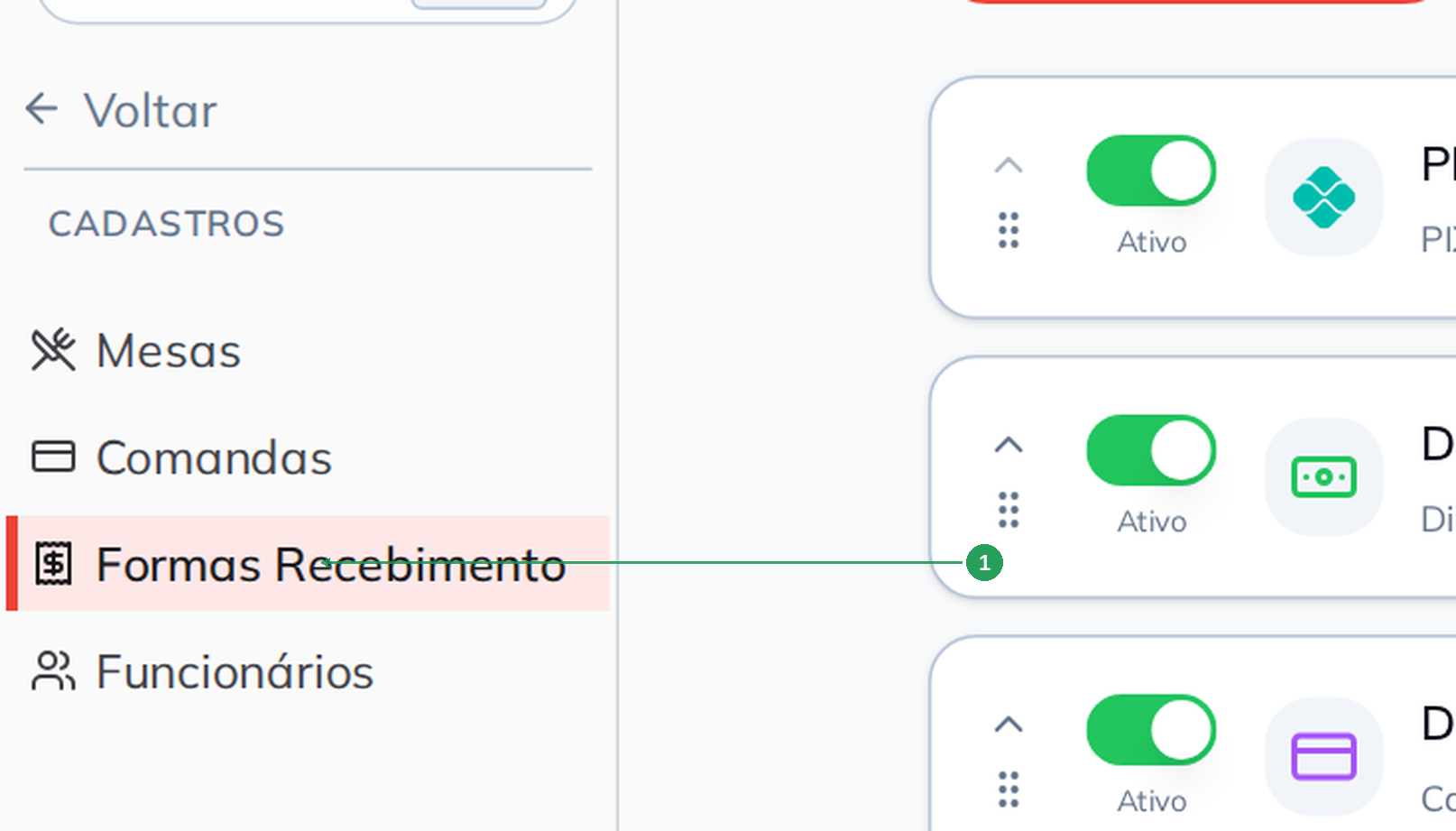 Menu lateral com as opções Cadastros e Formas Recebimento