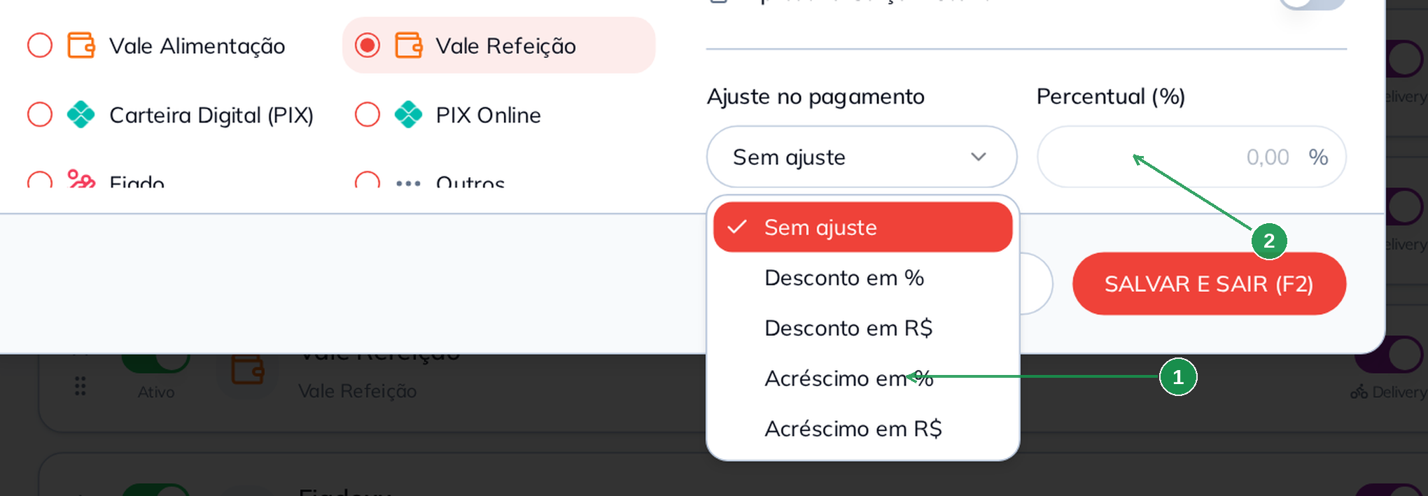 Opções de ajuste no pagamento de uma forma de recebimento