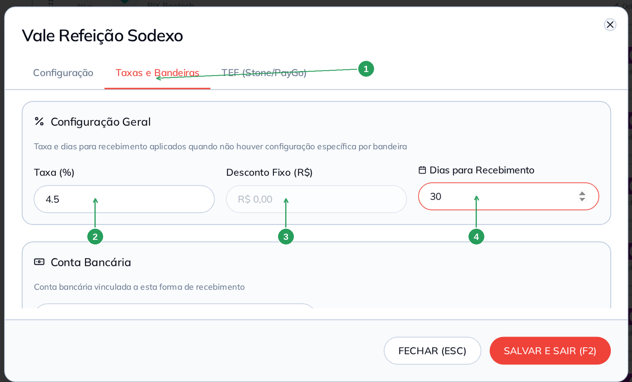 Aba Taxas e Bandeiras com taxa, desconto fixo e dias para recebimento