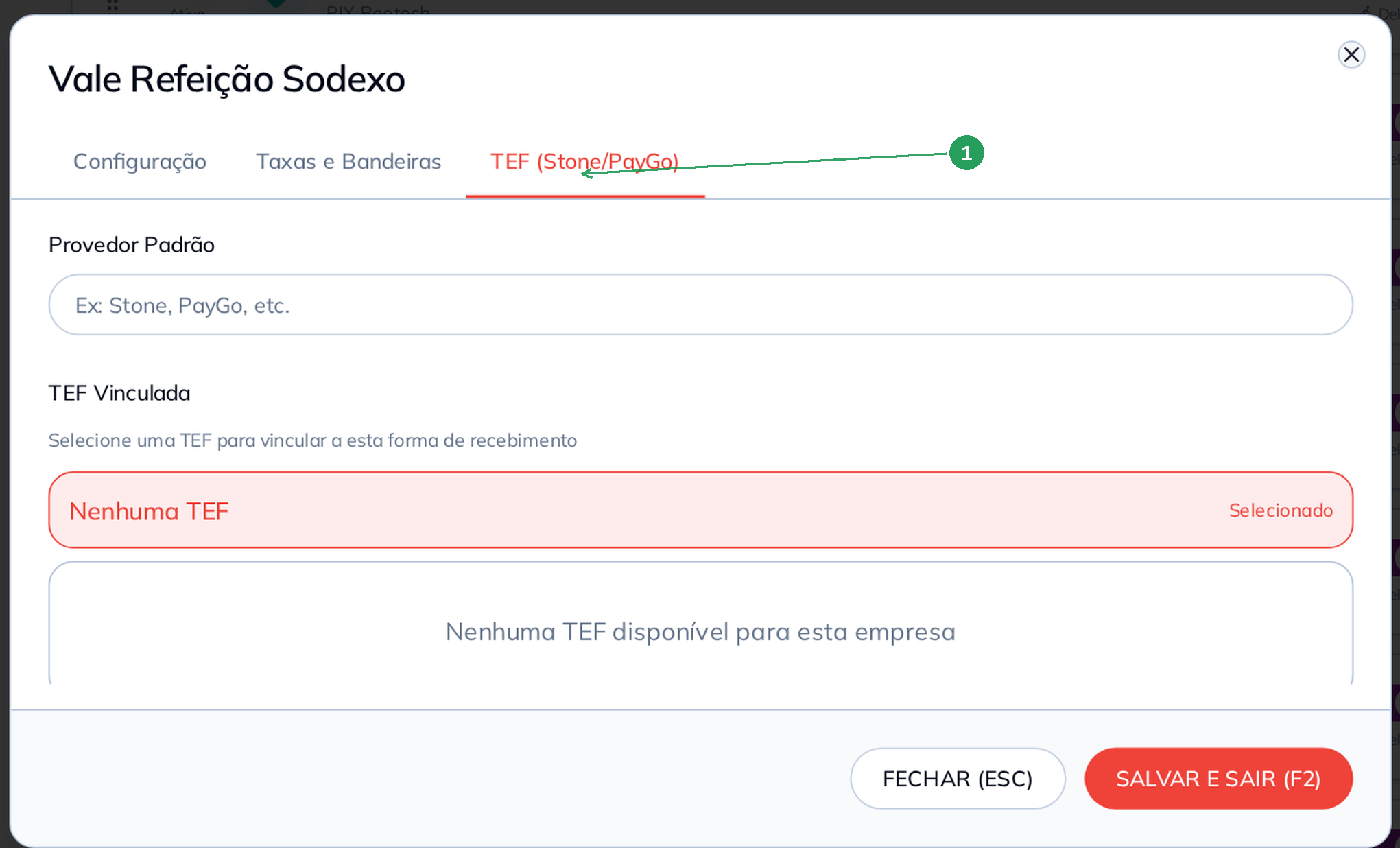 Aba TEF com as configurações de provedor e vínculo